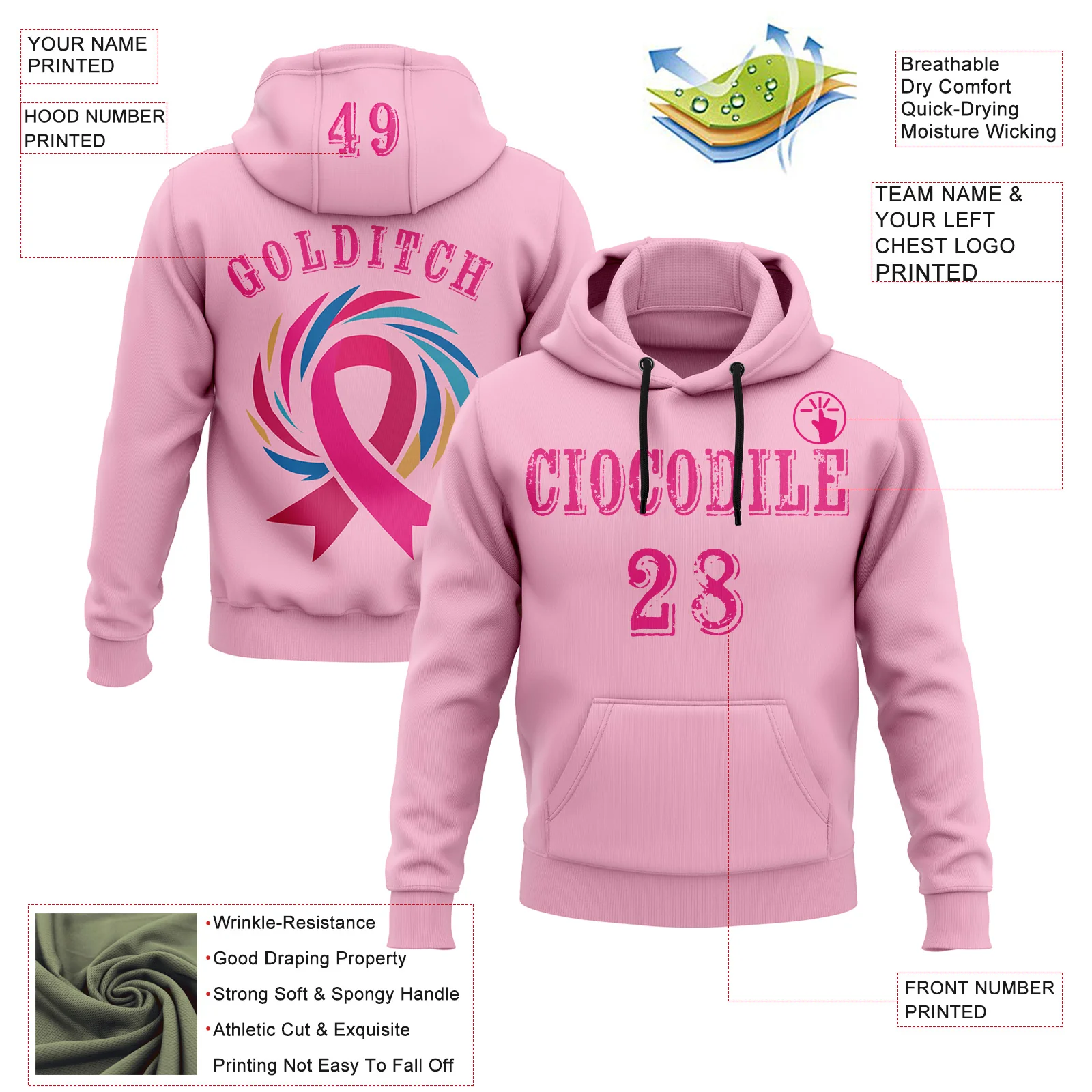 Custom Light Pink Hot Pink 3D Pink Ribbon Breast Cancer Awareness Women Health Care Support Sports Pullover Sweatshirt Hoodie