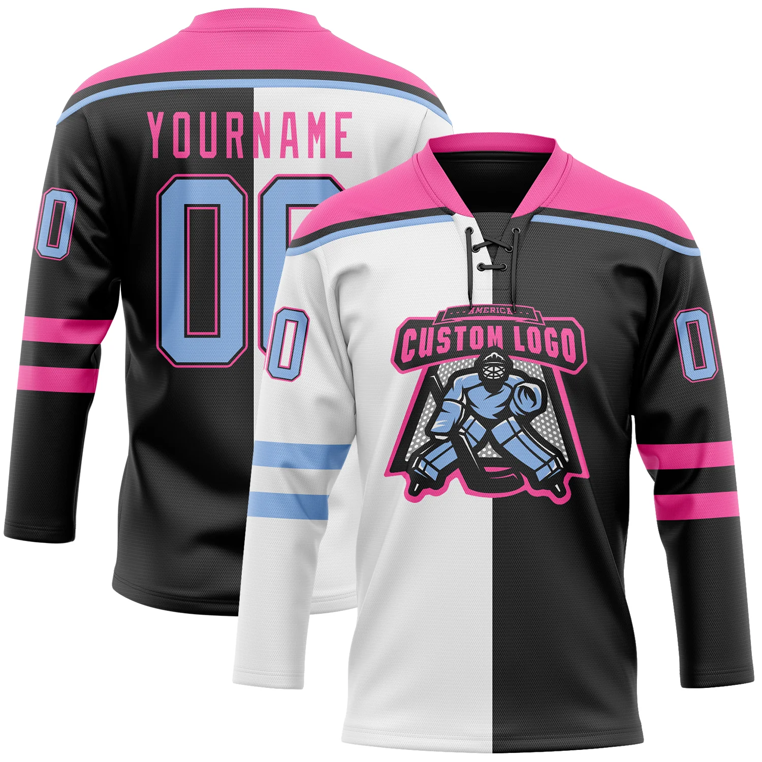 Custom Black Light Blue Pink-White Split Fashion Hockey Lace Neck Jersey
