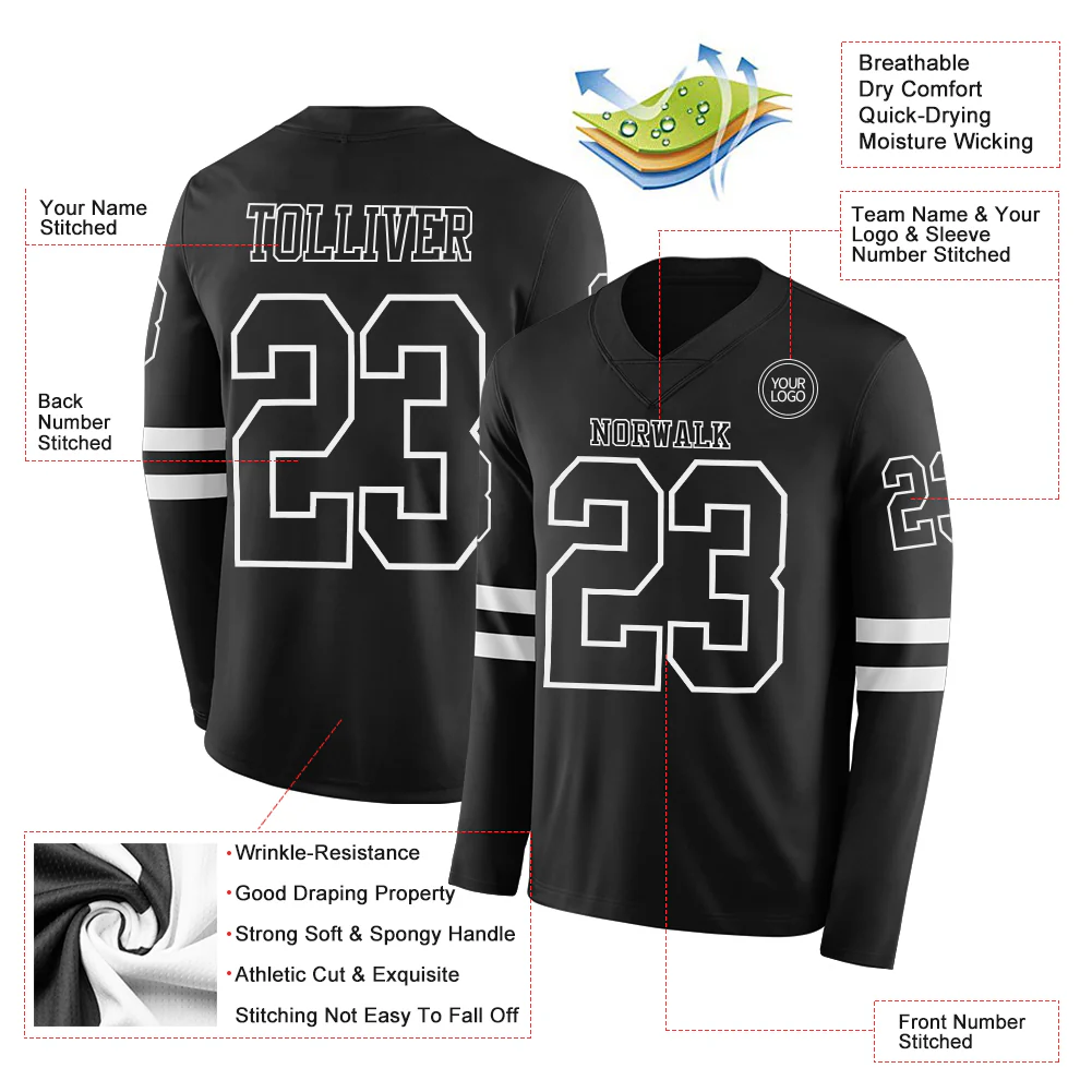 Custom Black White Long Sleeve Authentic Football Jersey