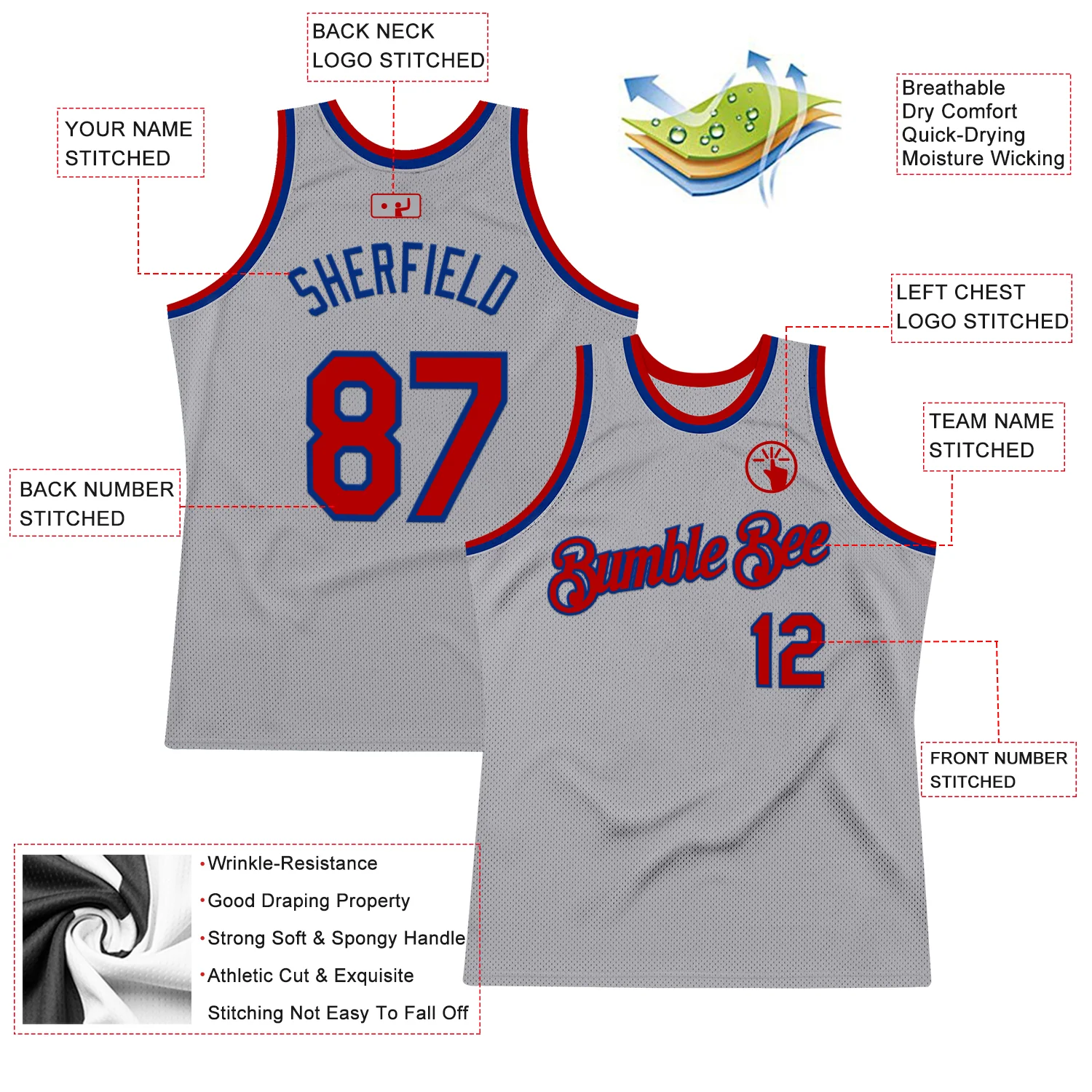 Custom Gray Red-Royal Authentic Throwback Basketball Jersey
