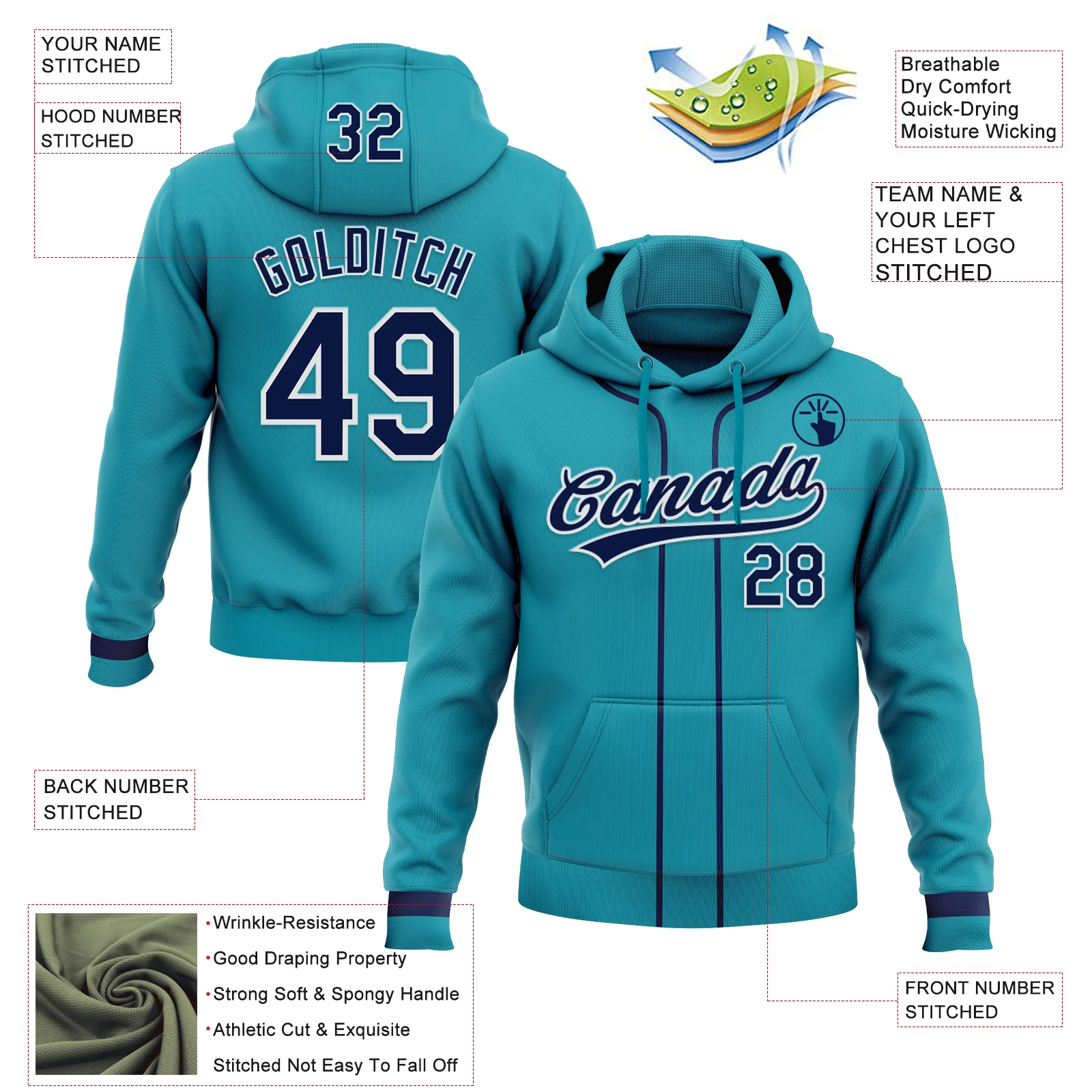 Custom Stitched Teal Navy-White Baseball Pullover Sweatshirt Hoodie