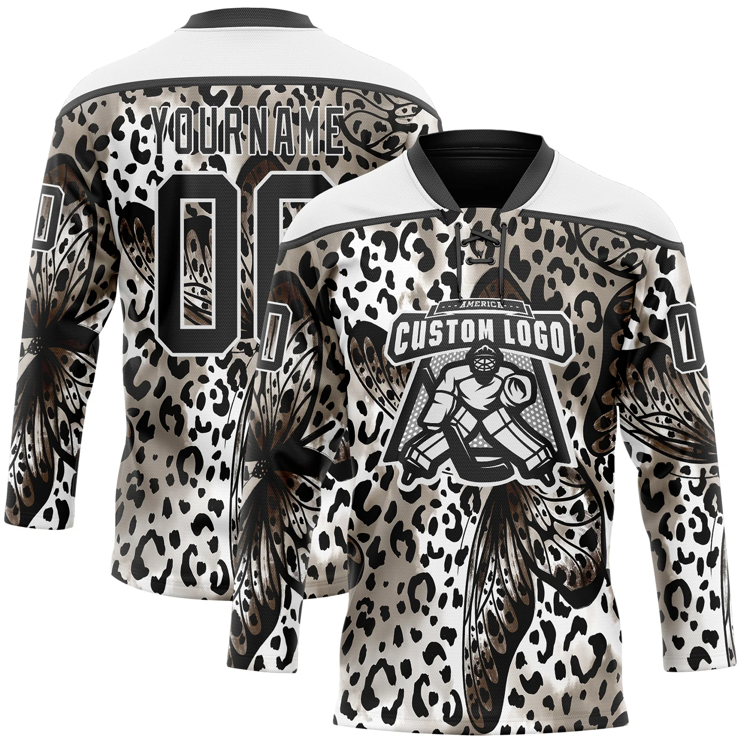 Custom White Black 3D Pattern Leopard Print Hockey Lace Neck Jersey
