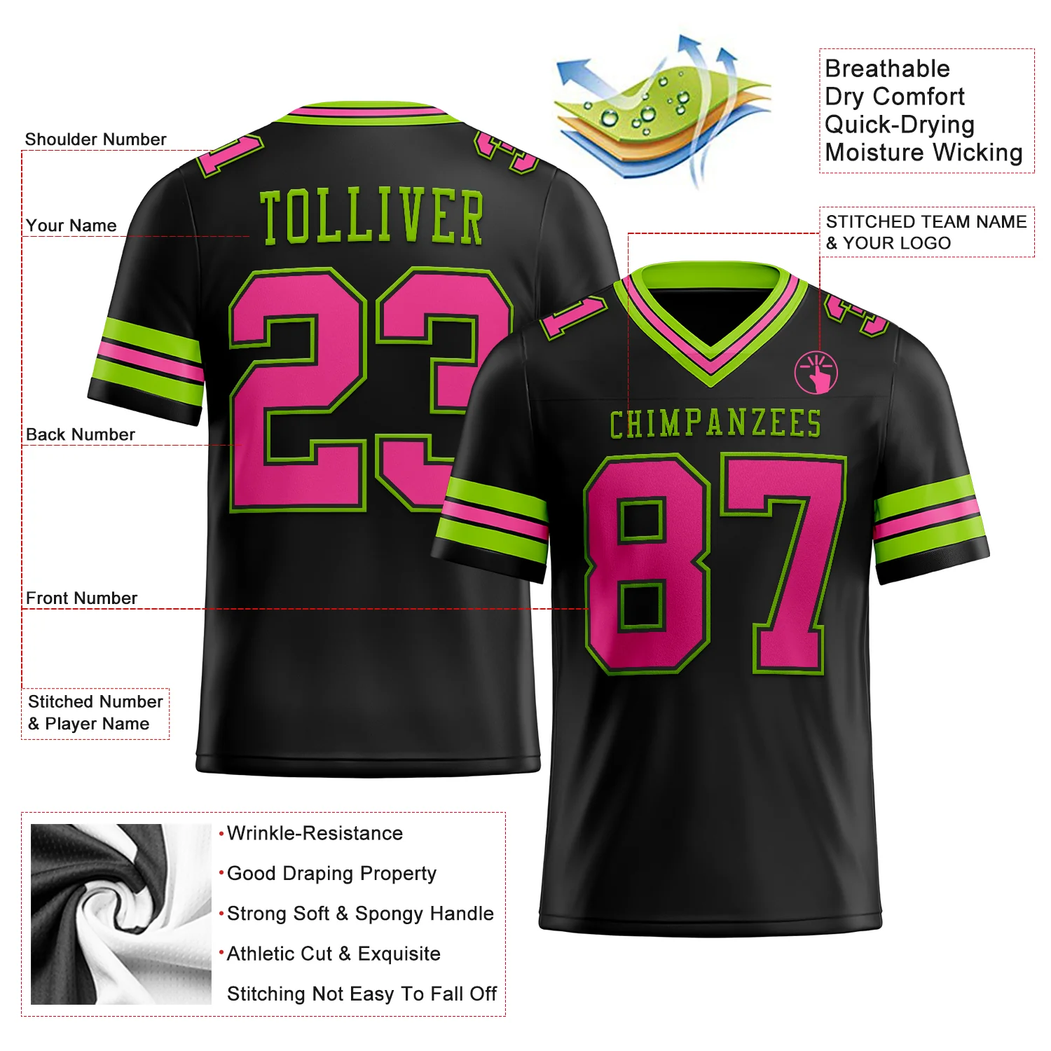 Custom Black Pink-Neon Green Authentic Football Jersey
