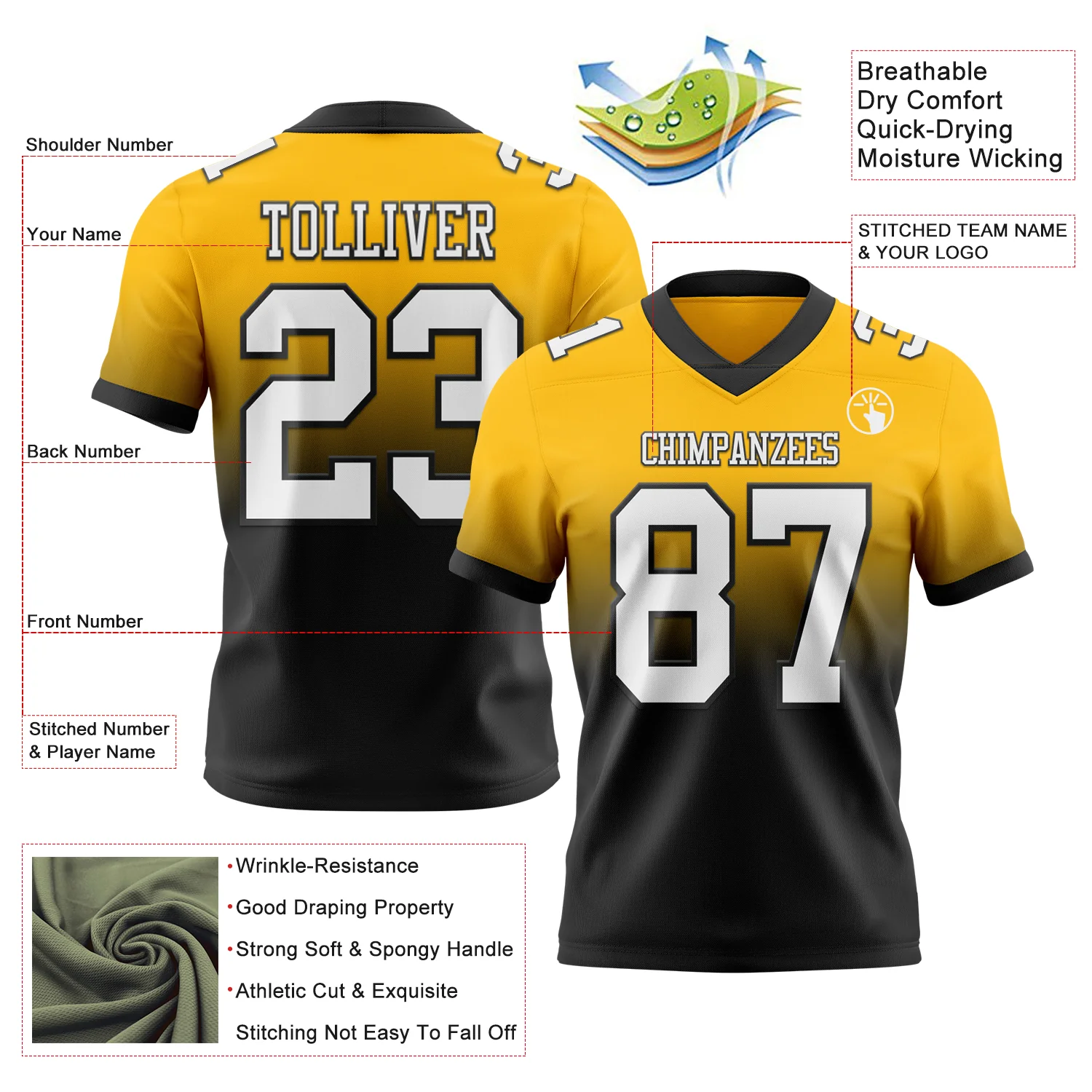 Custom Gold White-Black Authentic Fade Fashion Football Jersey