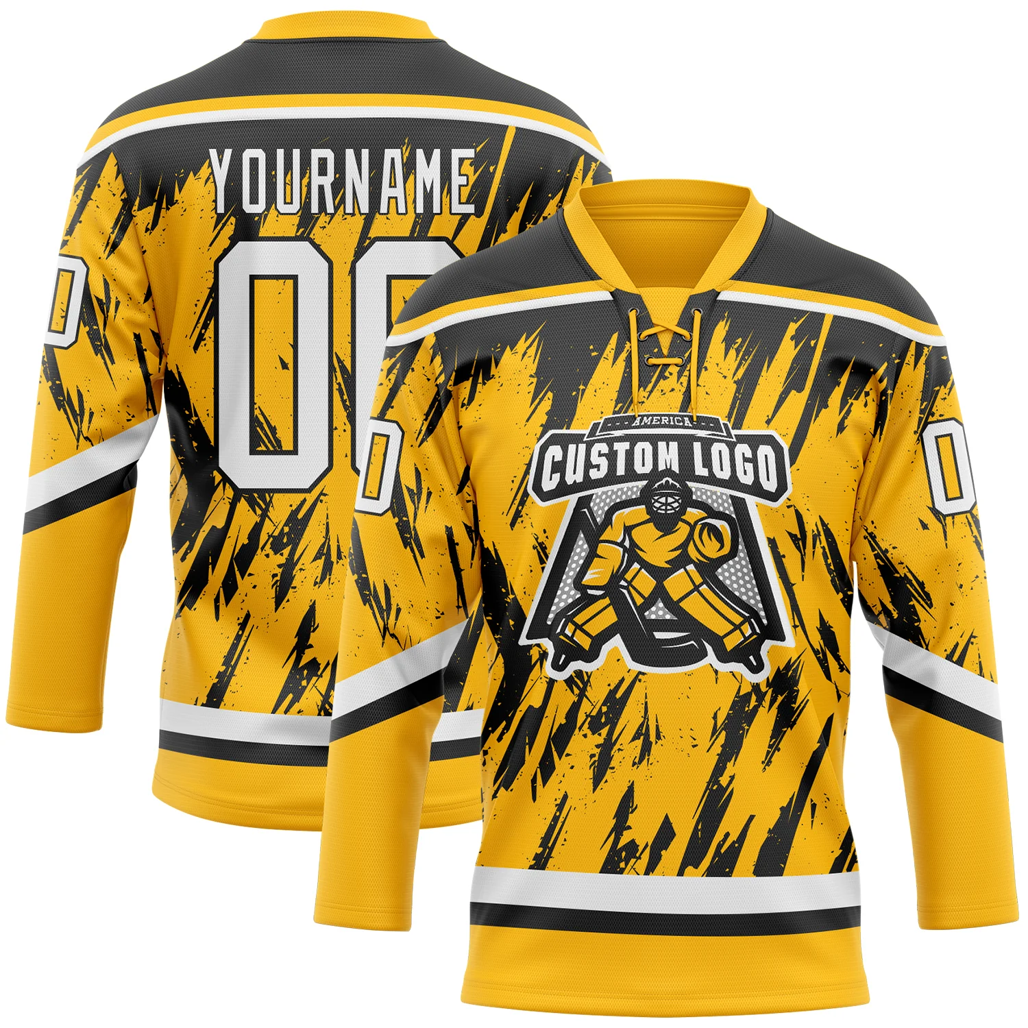 Custom Gold White-Black 3D Pattern Splash Art Hockey Lace Neck Jersey