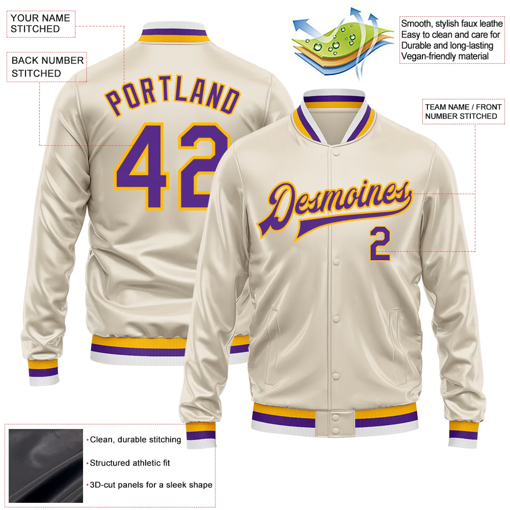 Custom Cream Purple-Gold Bomber Full-Snap Varsity Faux Leather Letterman Jacket