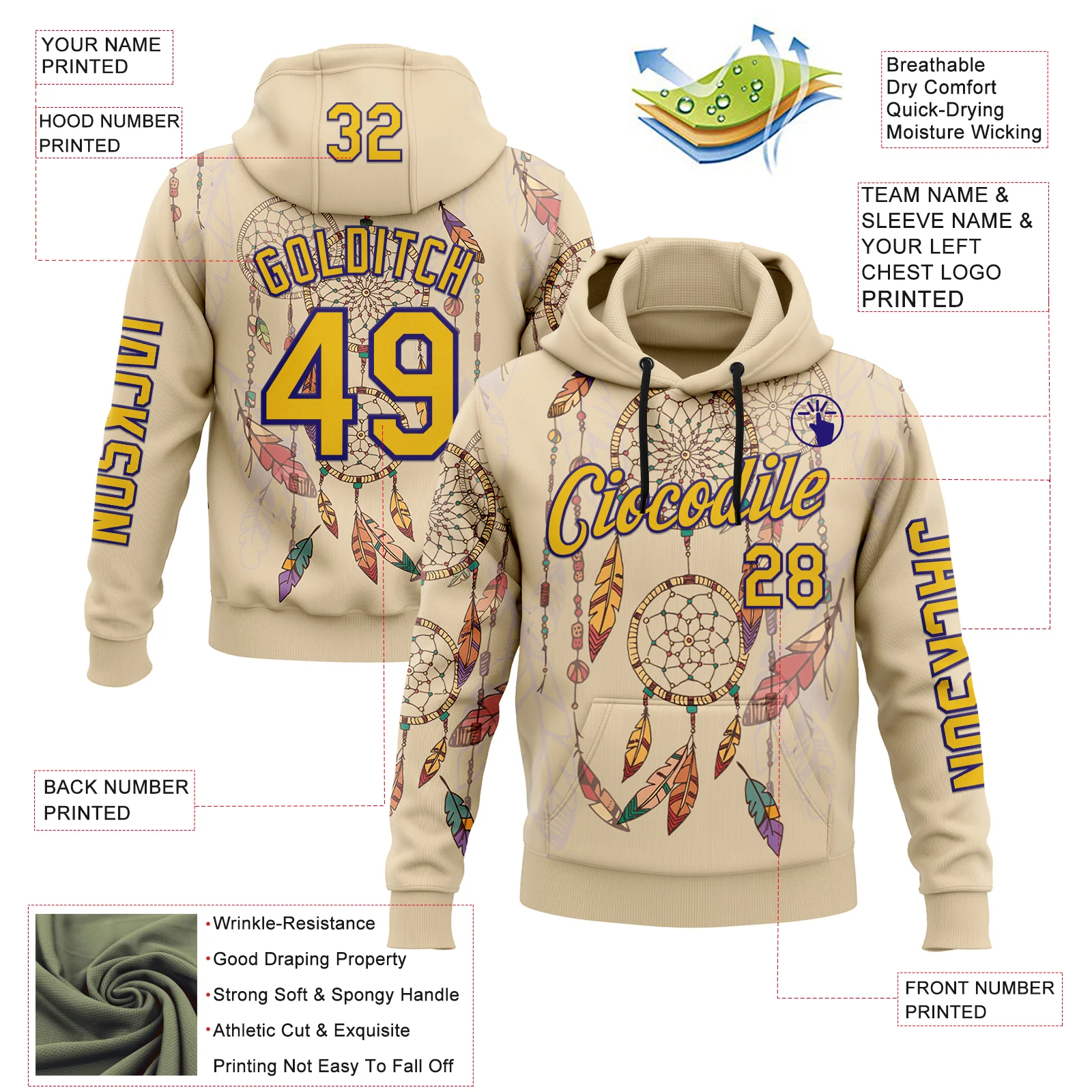 Custom City Cream Yellow-Dark Purple 3D Pattern Design Dreamcatcher Tribal Sportswear Pullover Sweatshirt Hoodie