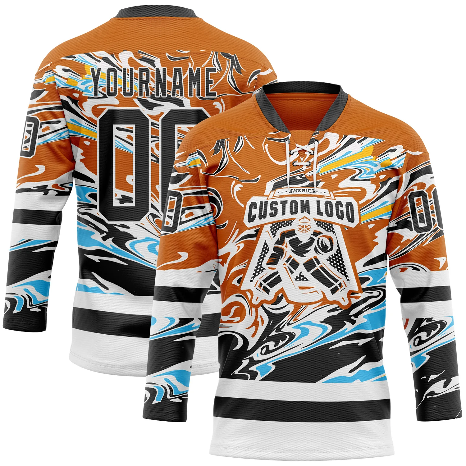 Custom Texas Orange Black Blue Yellow-White 3D Pattern Abstract Splatter Paint Hockey Lace Neck Jersey