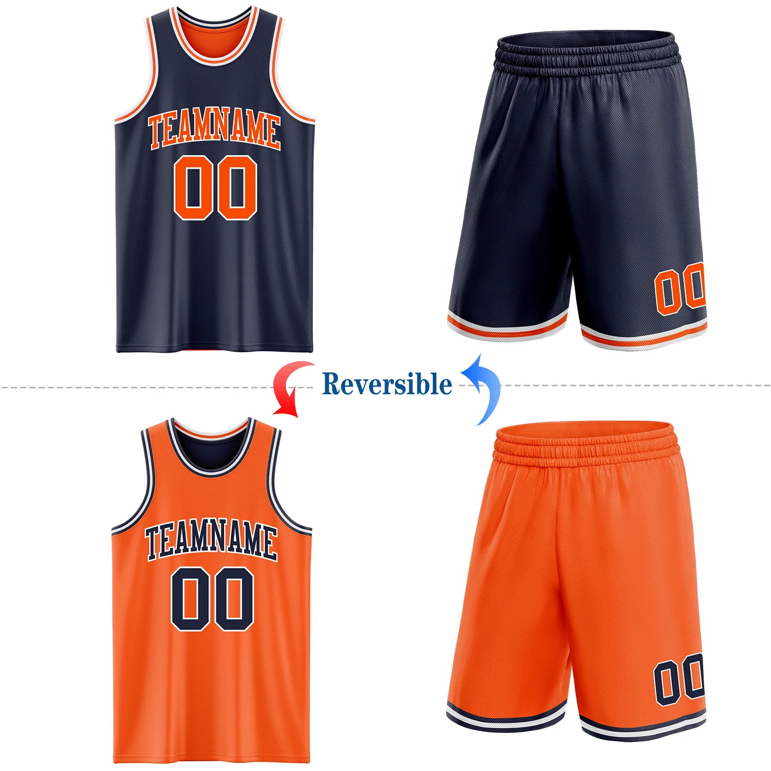 Custom Navy Orange-White Reversible Double Side Sublimation Basketball Suit Jersey