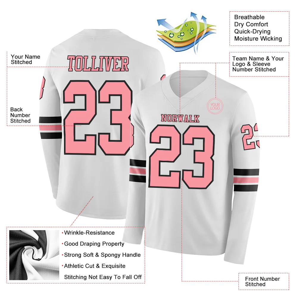 Custom White Medium Pink-Black Long Sleeve Authentic Football Jersey