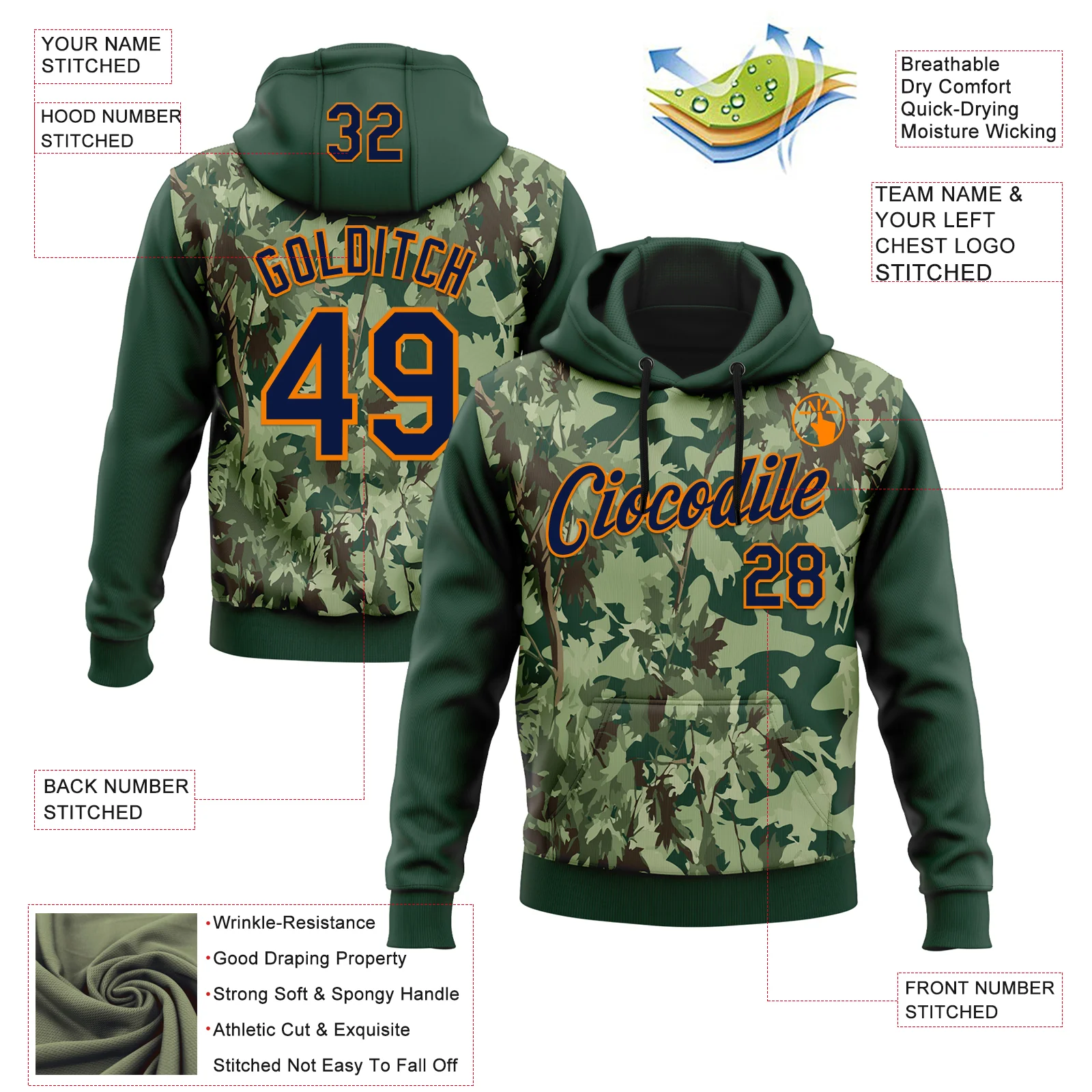Custom Stitched Green Navy-Bay Orange 3D Pattern Design Tree Camo Hunting Sports Pullover Sweatshirt Hoodie