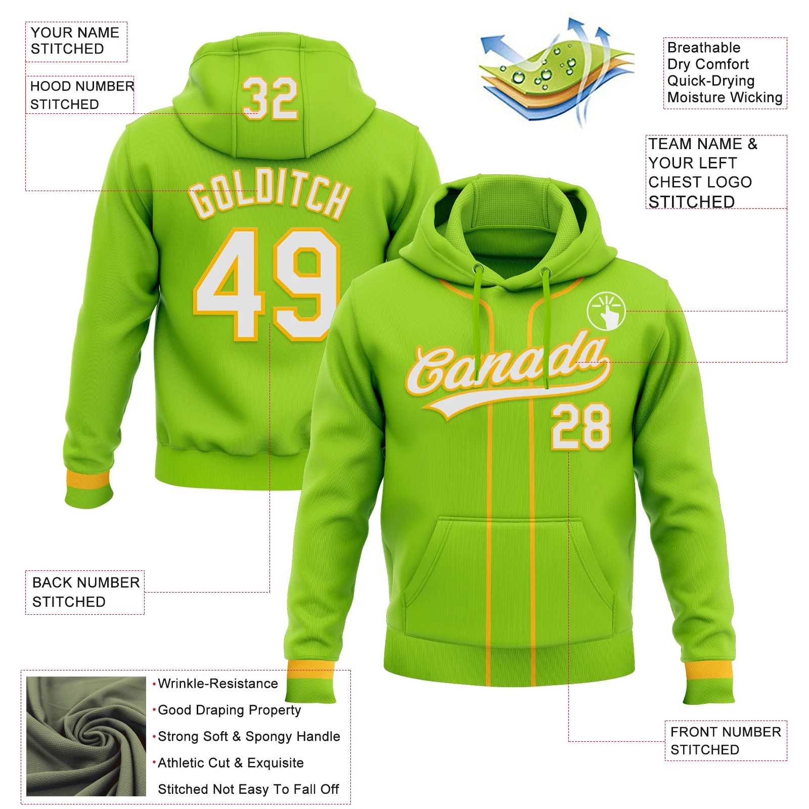 Custom Stitched Neon Green White-Gold Baseball Pullover Sweatshirt Hoodie
