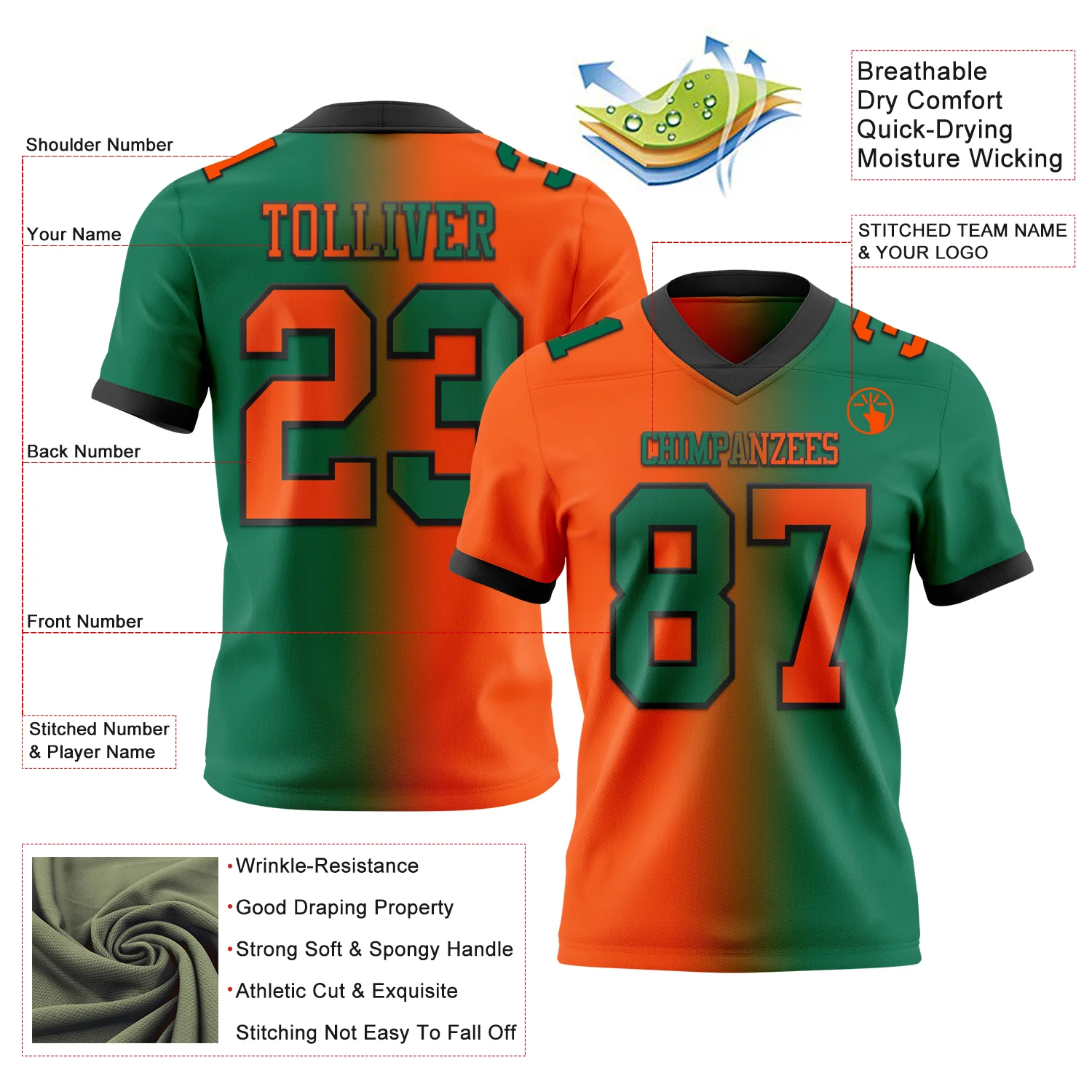 Custom Kelly Green Orange-Black Authentic Gradient Fashion Football Jersey