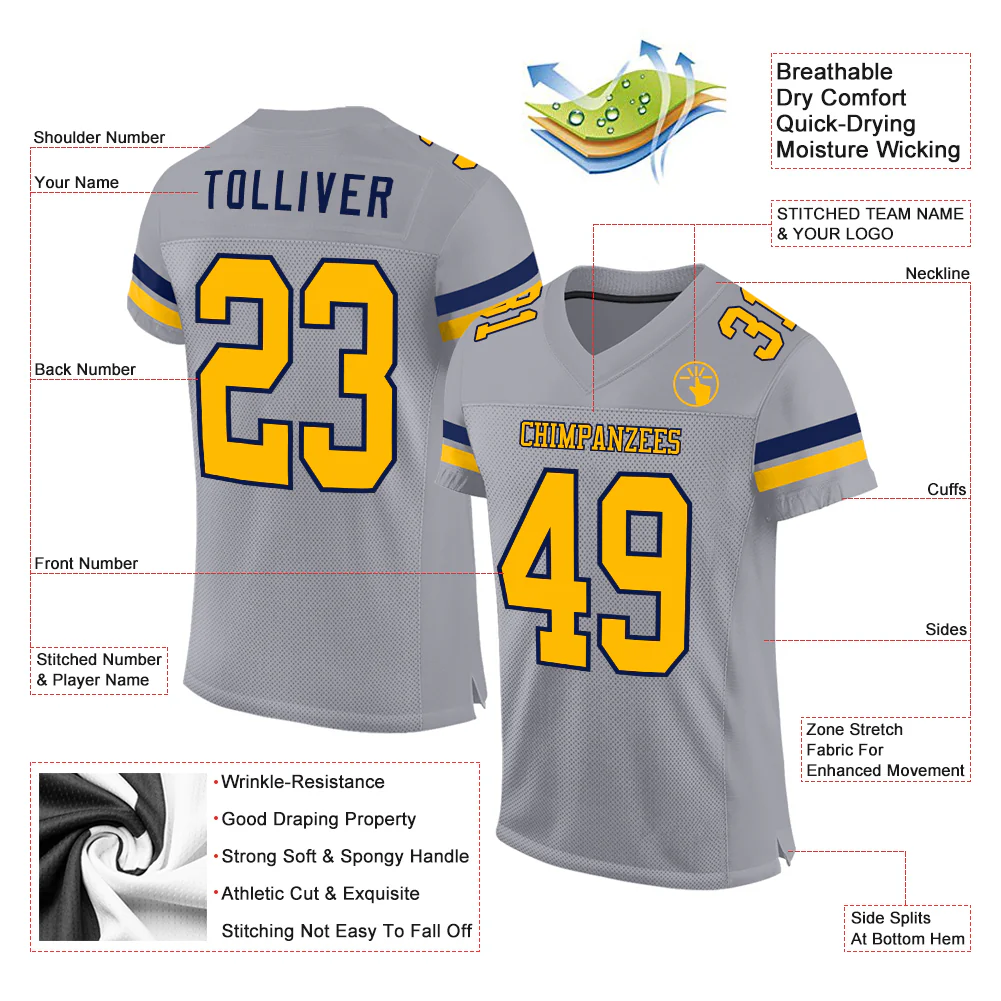 Custom Gray Gold-White Mesh Authentic Football Jersey