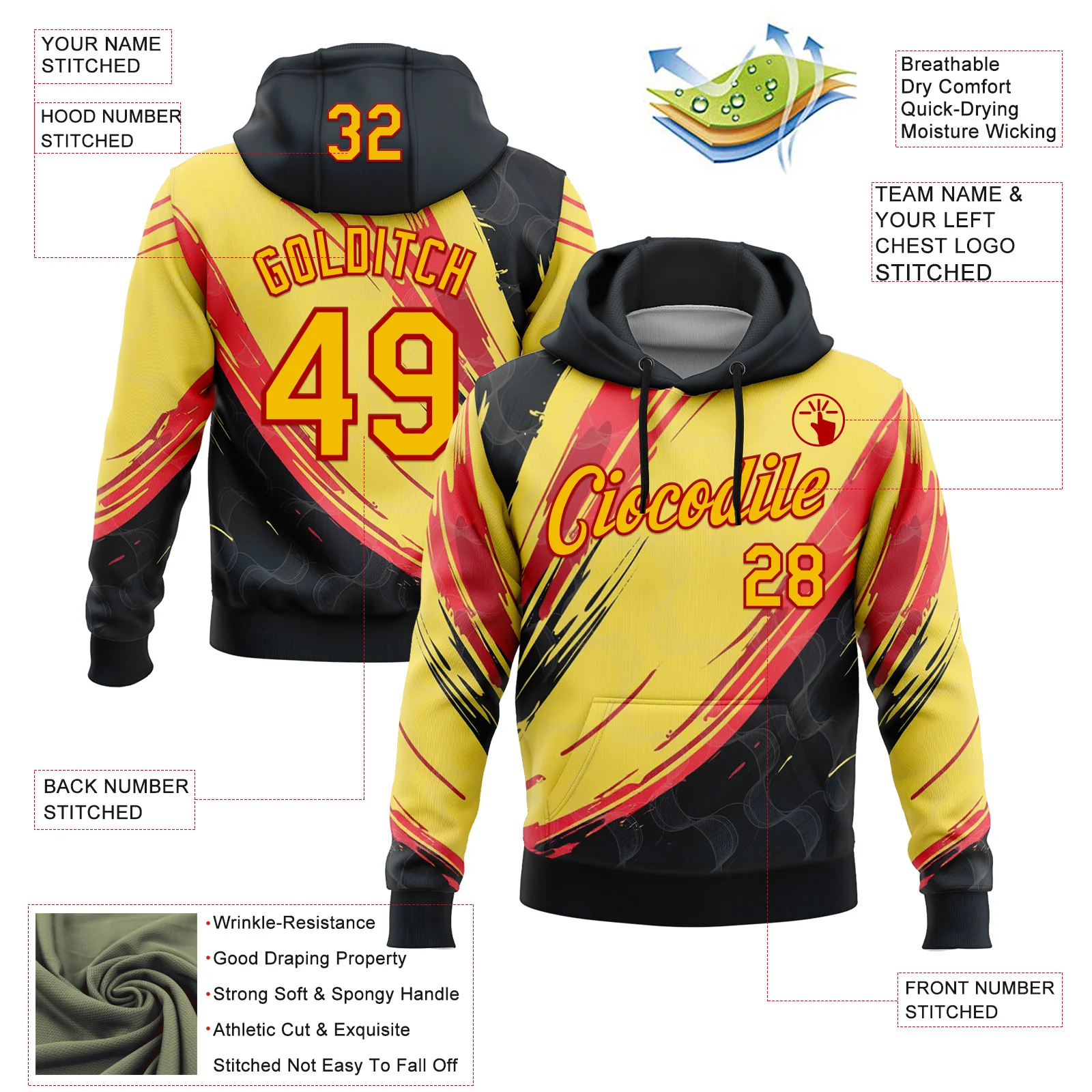 Custom Stitched Yellow Black-Red 3D Pattern Design Germany Inspired Abstract Line Sportswear Pullover Sweatshirt Hoodie