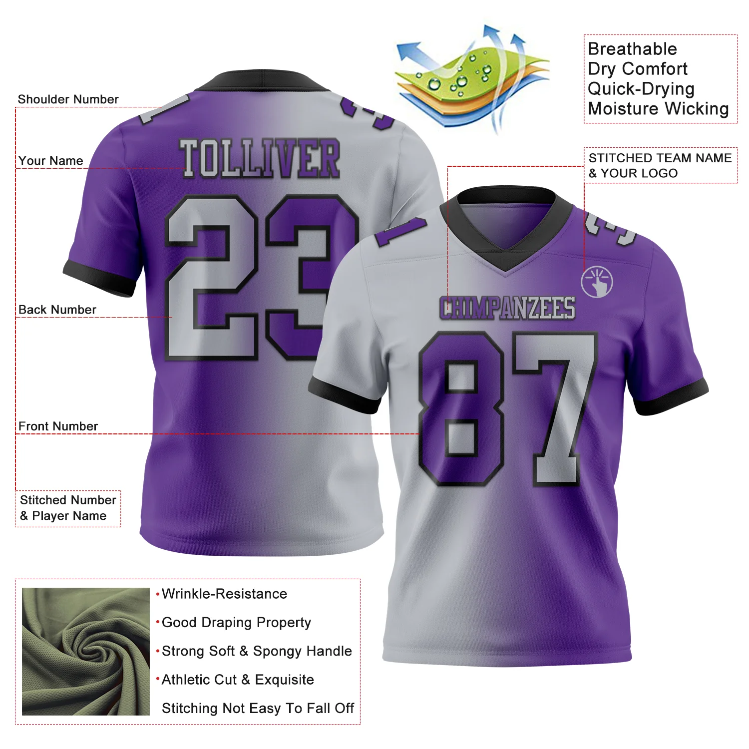Custom Purple Gray-Black Authentic Gradient Fashion Football Jersey