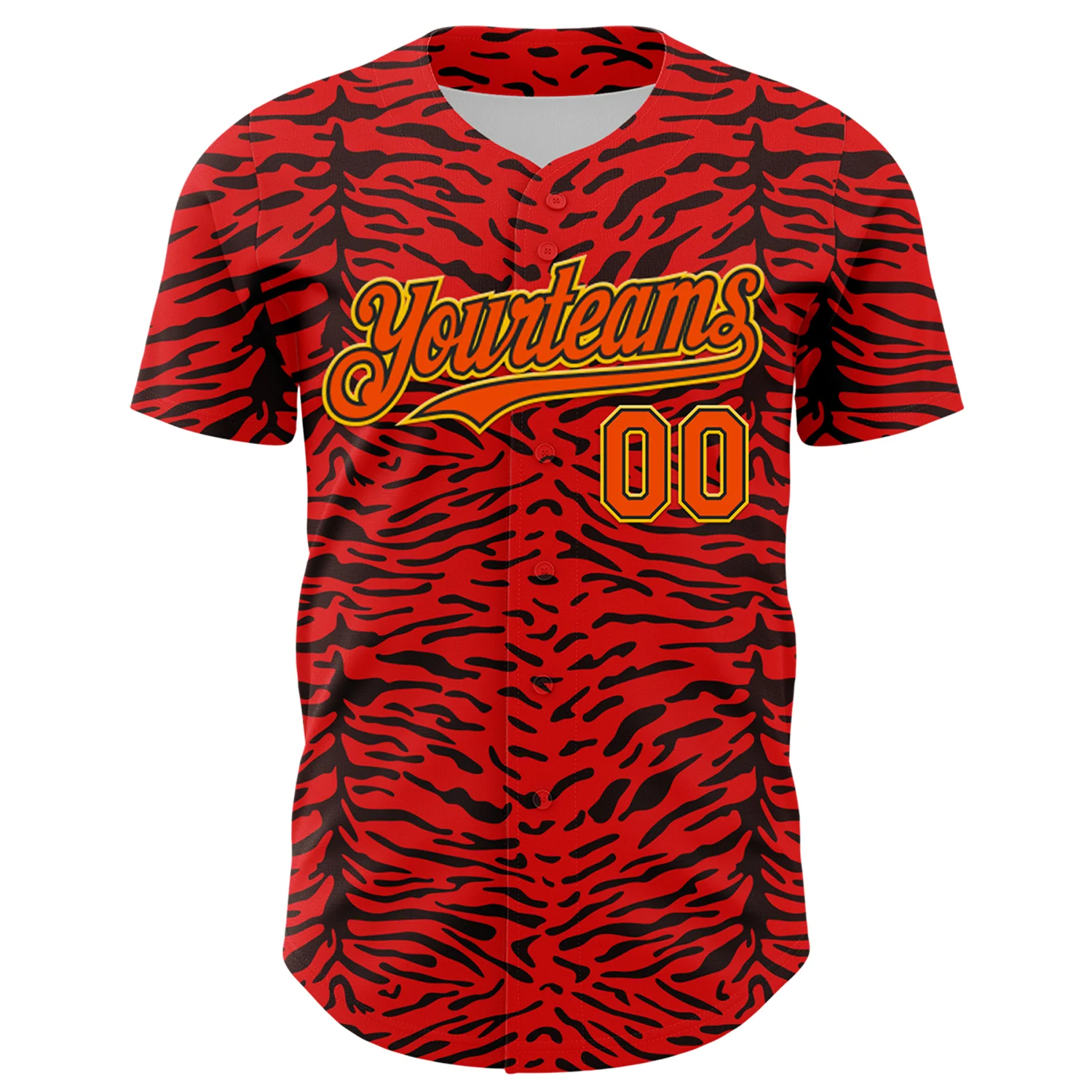 Custom Red Orange Black-Yellow 3D Pattern Design Burner Costumes Animal Tiger Print Authentic Baseball Jersey