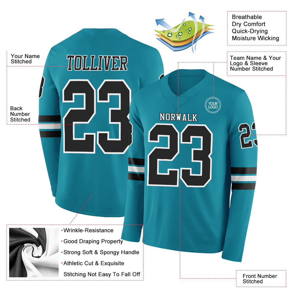 Custom Teal Black-White Long Sleeve Authentic Football Jersey