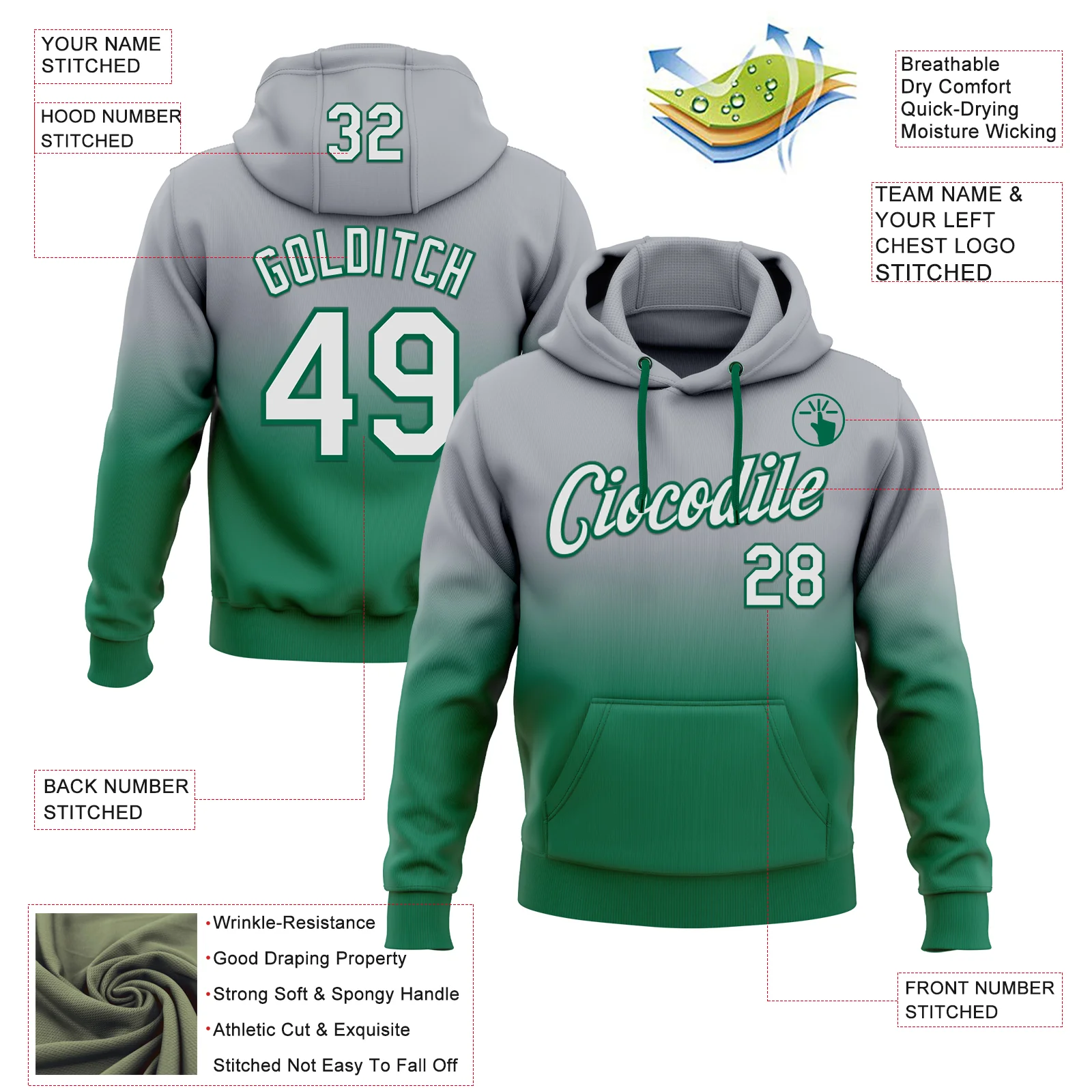 Custom Stitched Gray White-Kelly Green Fade Fashion Sports Pullover Sweatshirt Hoodie