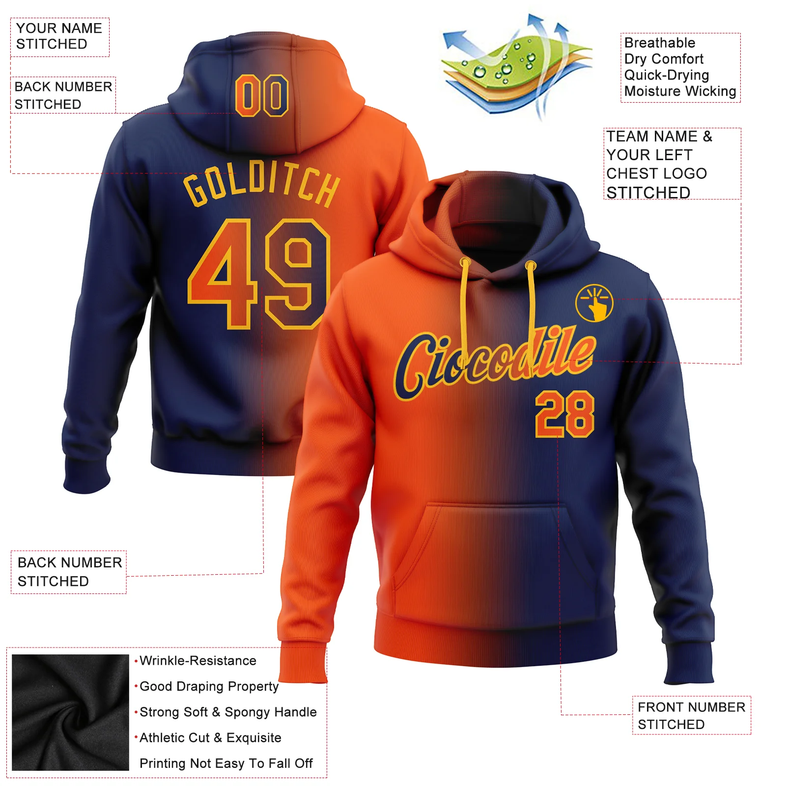 Custom Stitched Navy Orange-Gold Gradient Fashion Sports Pullover Sweatshirt Hoodie