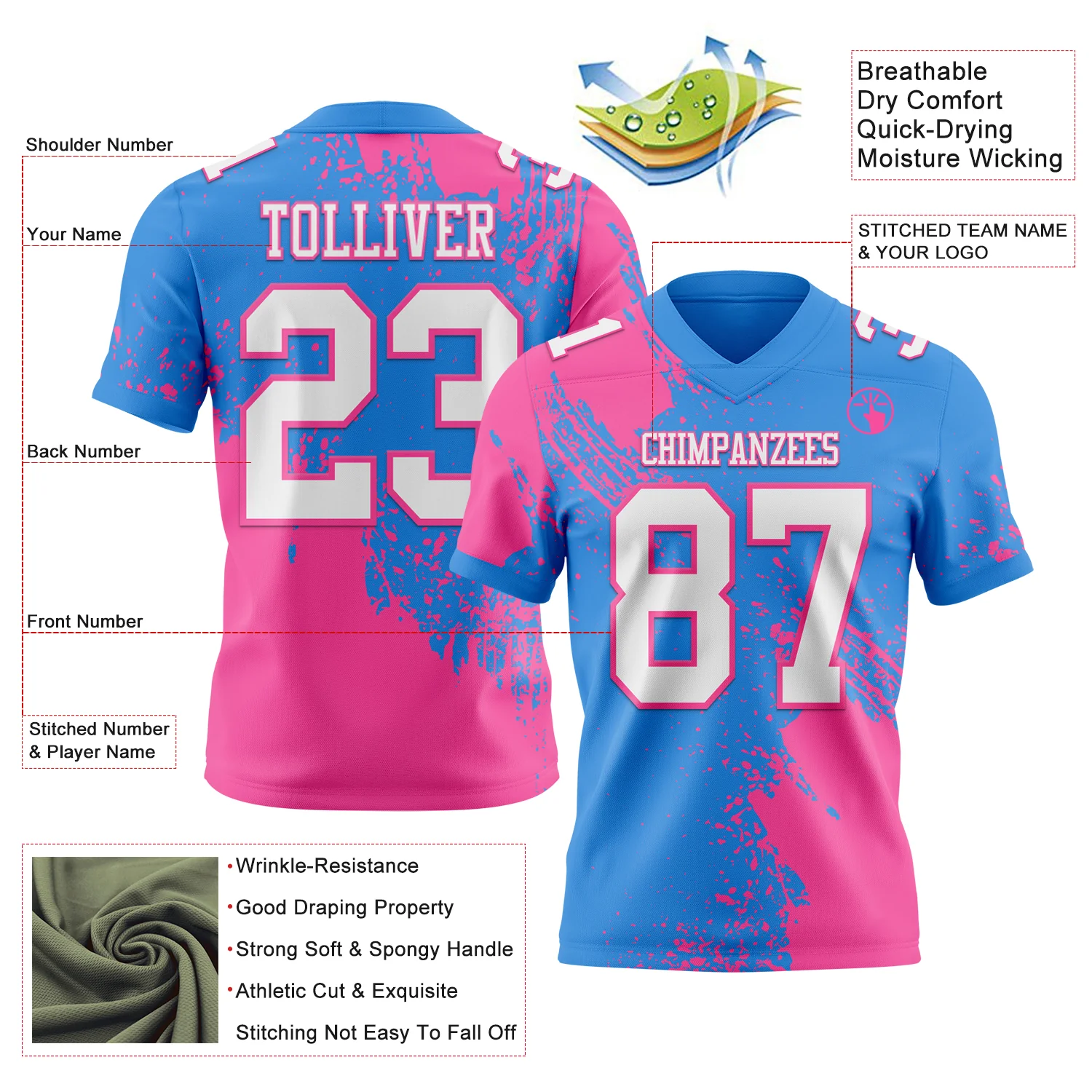 Custom Powder Blue White-Pink 3D Pattern Abstract Brush Stroke Authentic Football Jersey