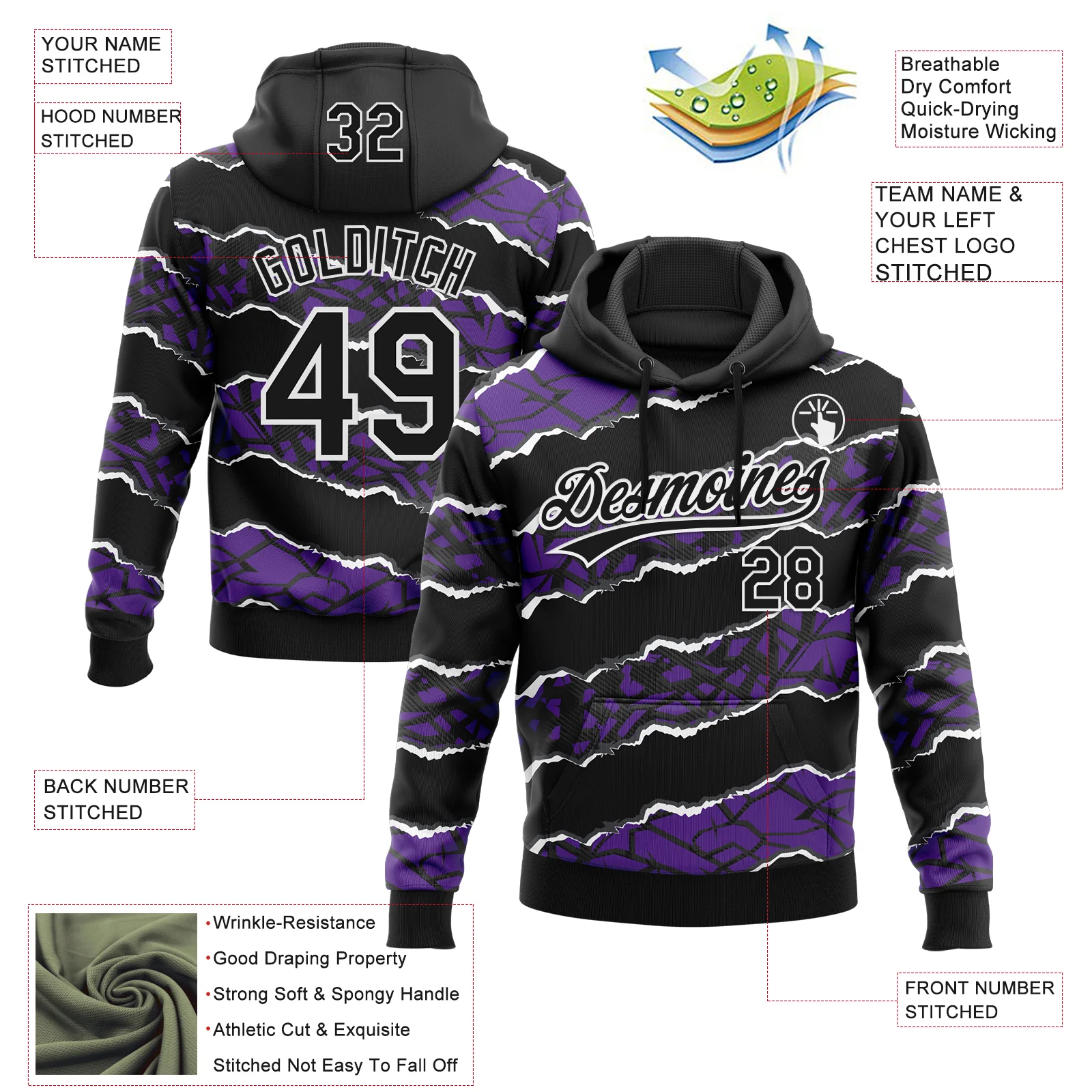Custom Stitched Black Purple-White 3D Pattern Design Torn Paper Style Sports Pullover Sweatshirt Hoodie