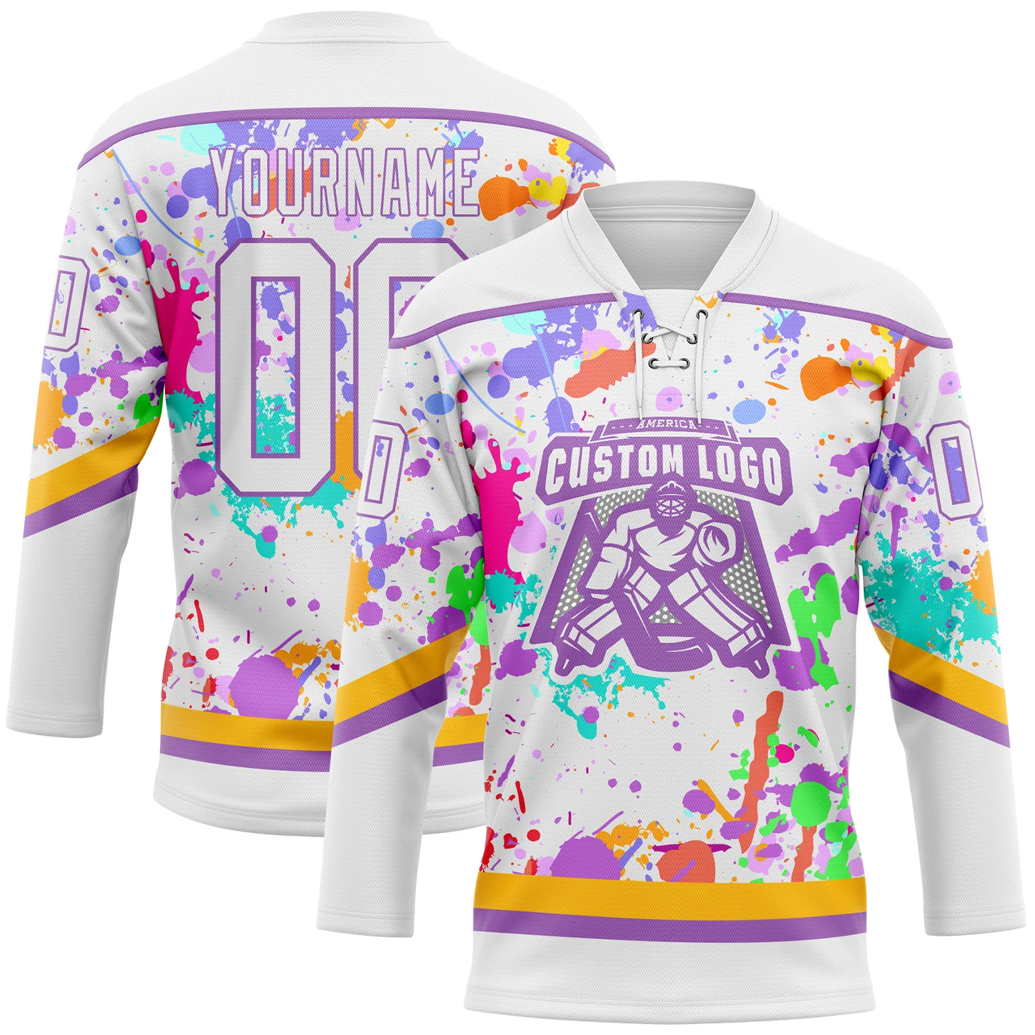 Custom Graffiti Pattern White Medium Purple-Gold 3D Splash Art Hockey Lace Neck Jersey