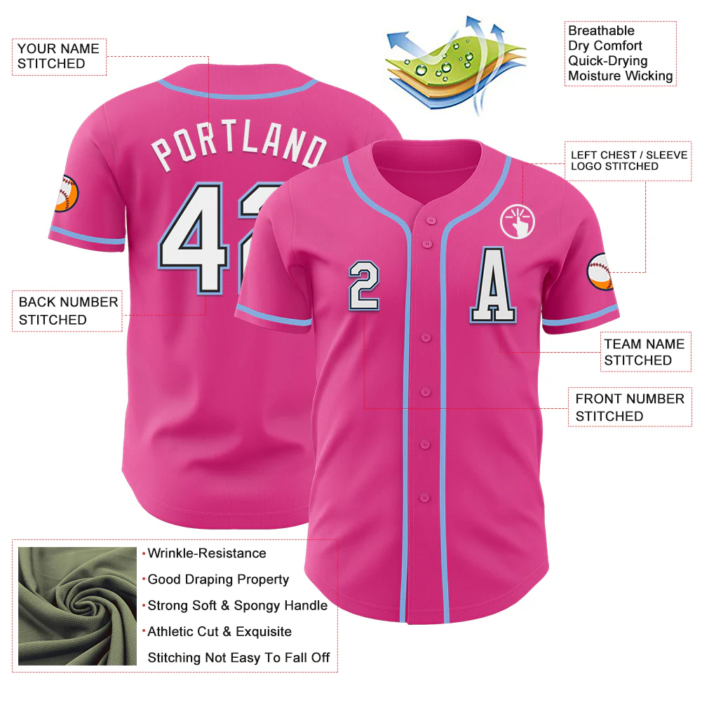 Custom Pink Black-Light Blue Authentic Baseball Jersey
