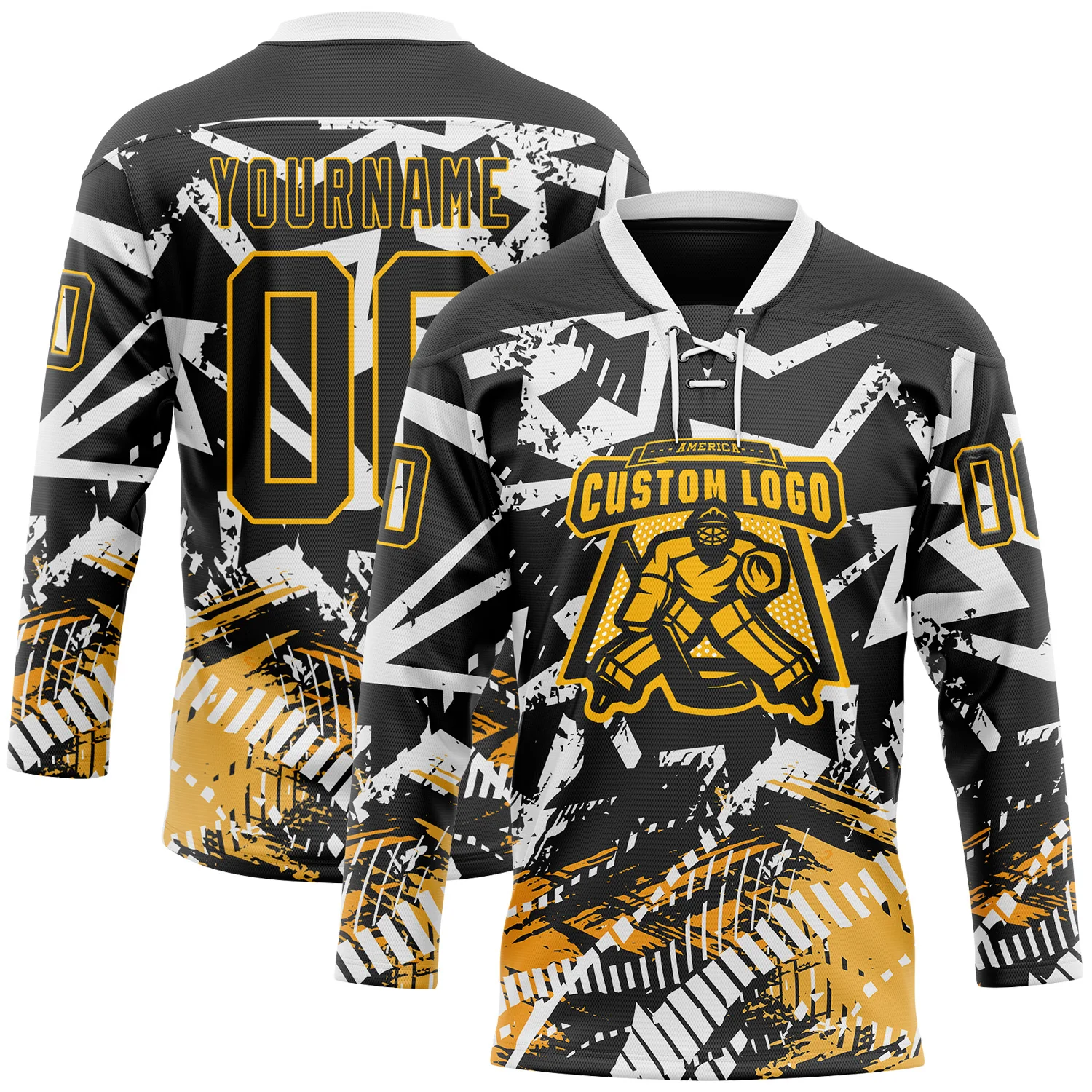 Custom Black Gold-White 3D Pattern Abstract Hockey Lace Neck Jersey