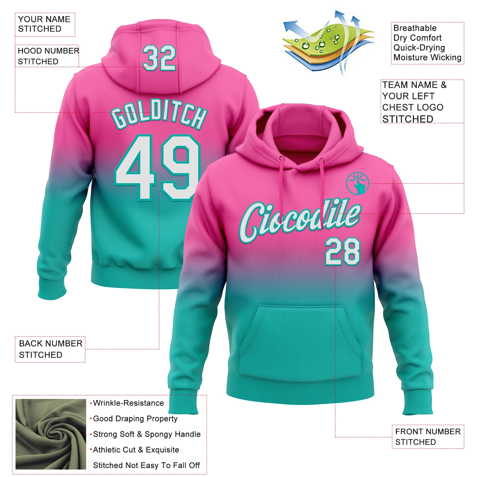 Custom Stitched Pink White-Aqua Fade Fashion Sports Pullover Sweatshirt Hoodie
