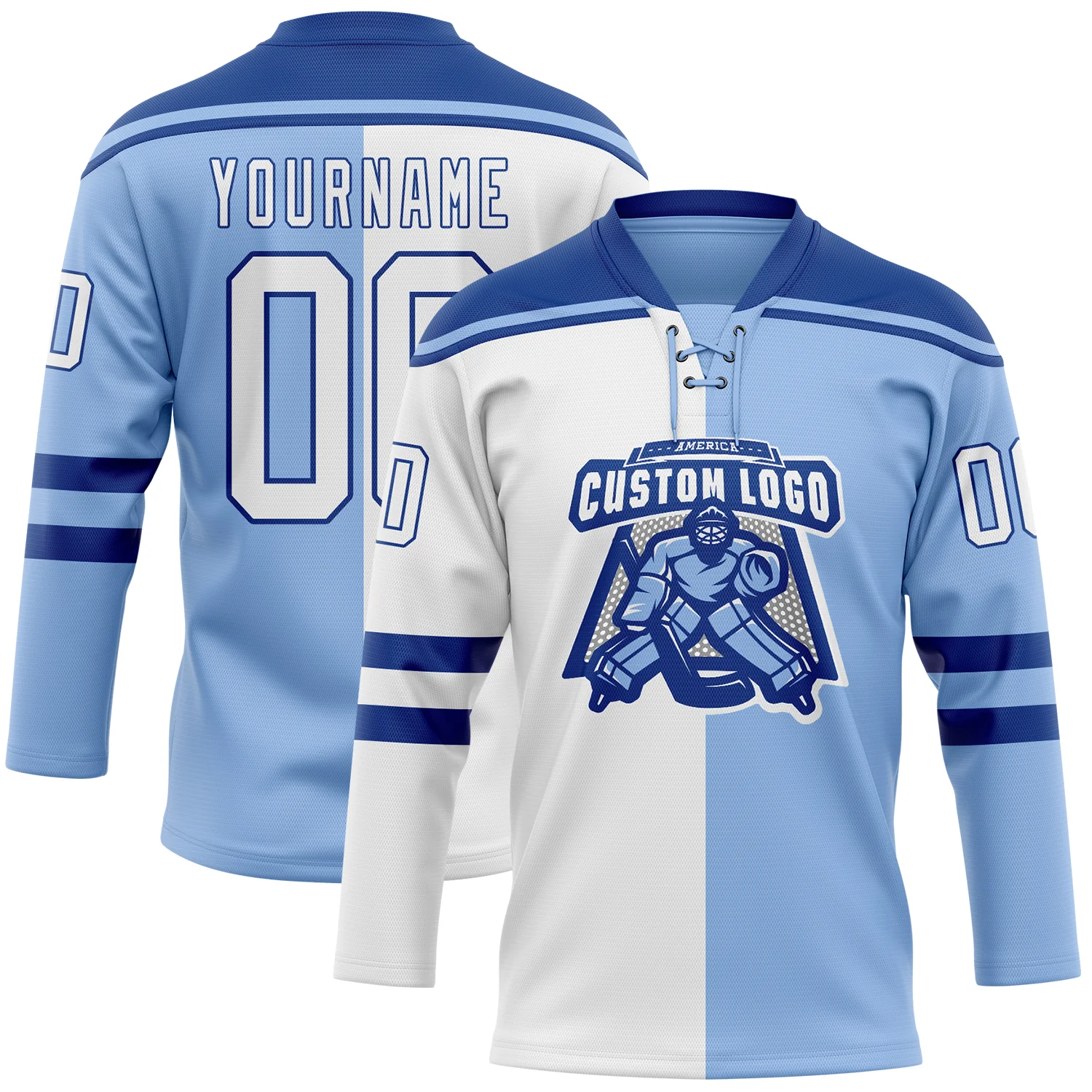 Custom Light Blue White-Royal Split Fashion Hockey Lace Neck Jersey