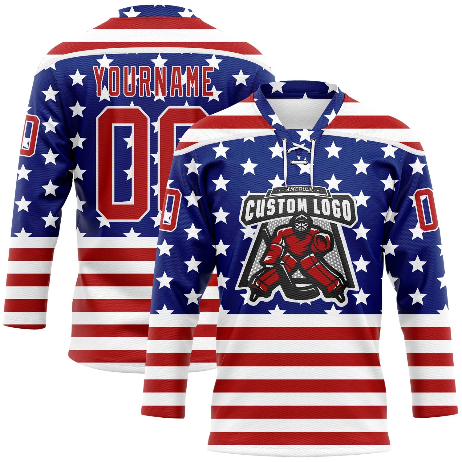 Custom White Red-Royal American Flag Hockey Lace Neck Jersey