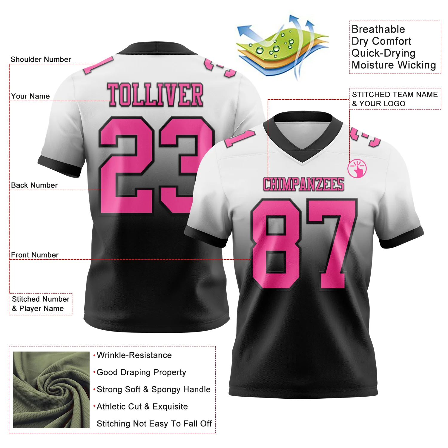 Custom White Pink-Black Authentic Fade Fashion Football Jersey