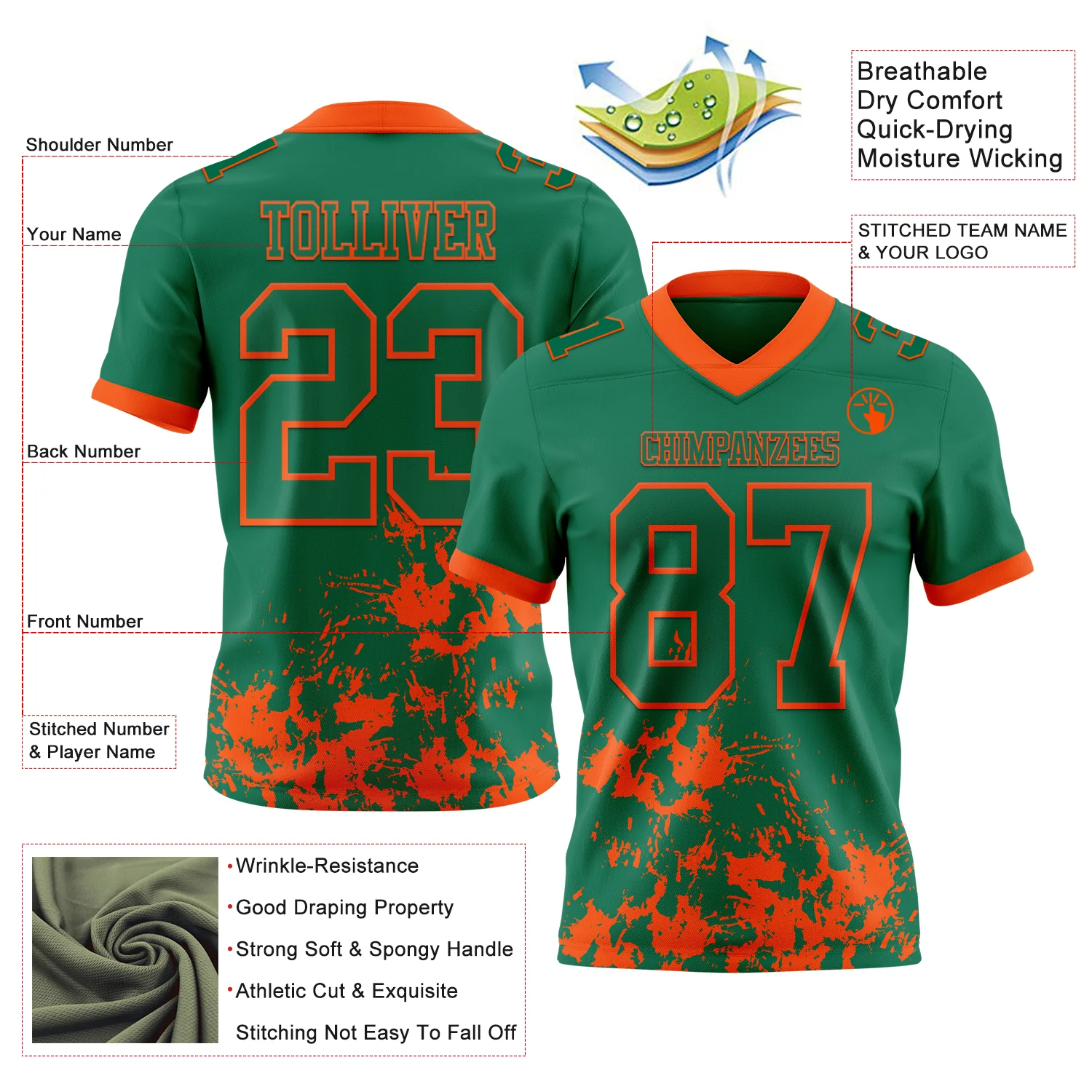 Custom Kelly Green Orange 3D Pattern Splash Authentic Football Jersey