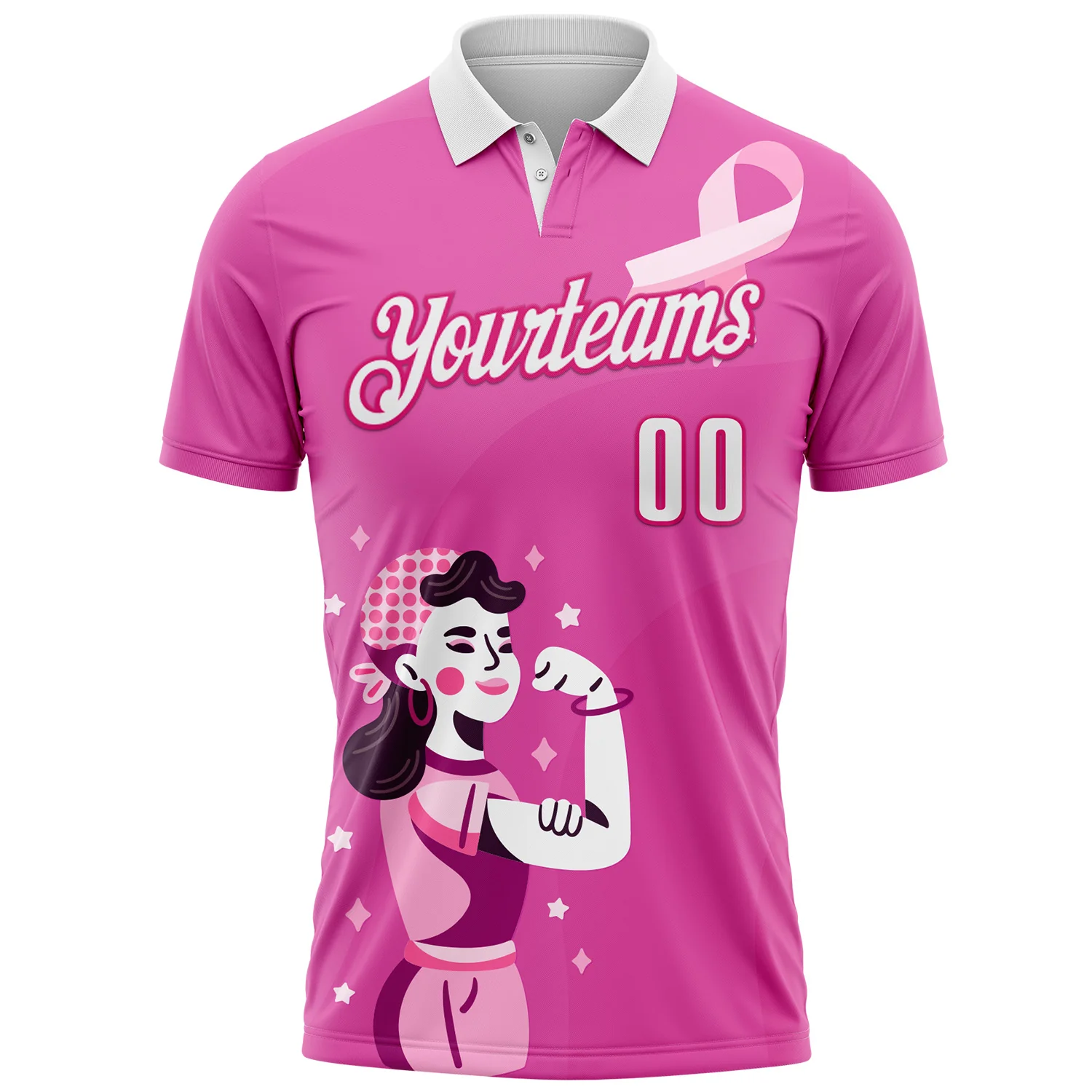 Custom Pink White-Hot Pink 3D Pink Ribbon Breast Cancer Awareness Performance Polo Shirt