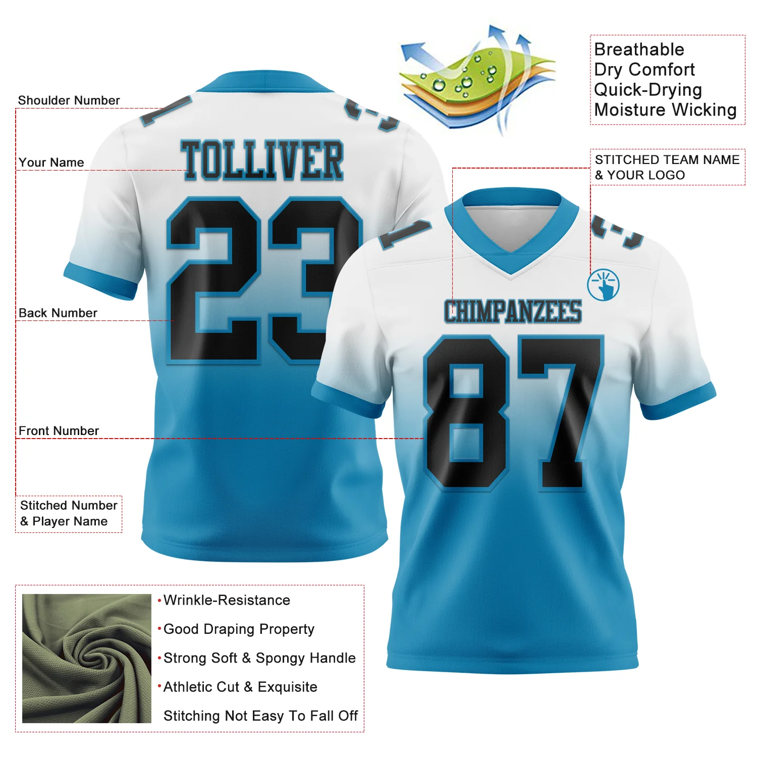 Custom White Black-Panther Blue Authentic Fade Fashion Football Jersey