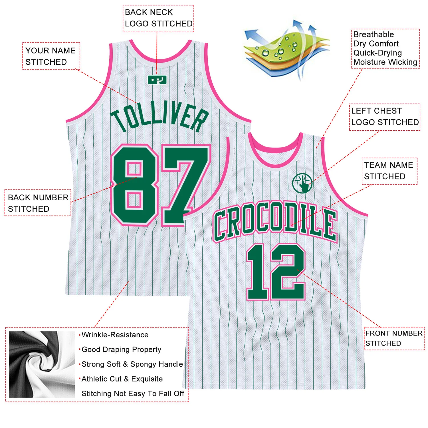 Custom White Kelly Green Pinstripe Kelly Green-Pink Authentic Basketball Jersey