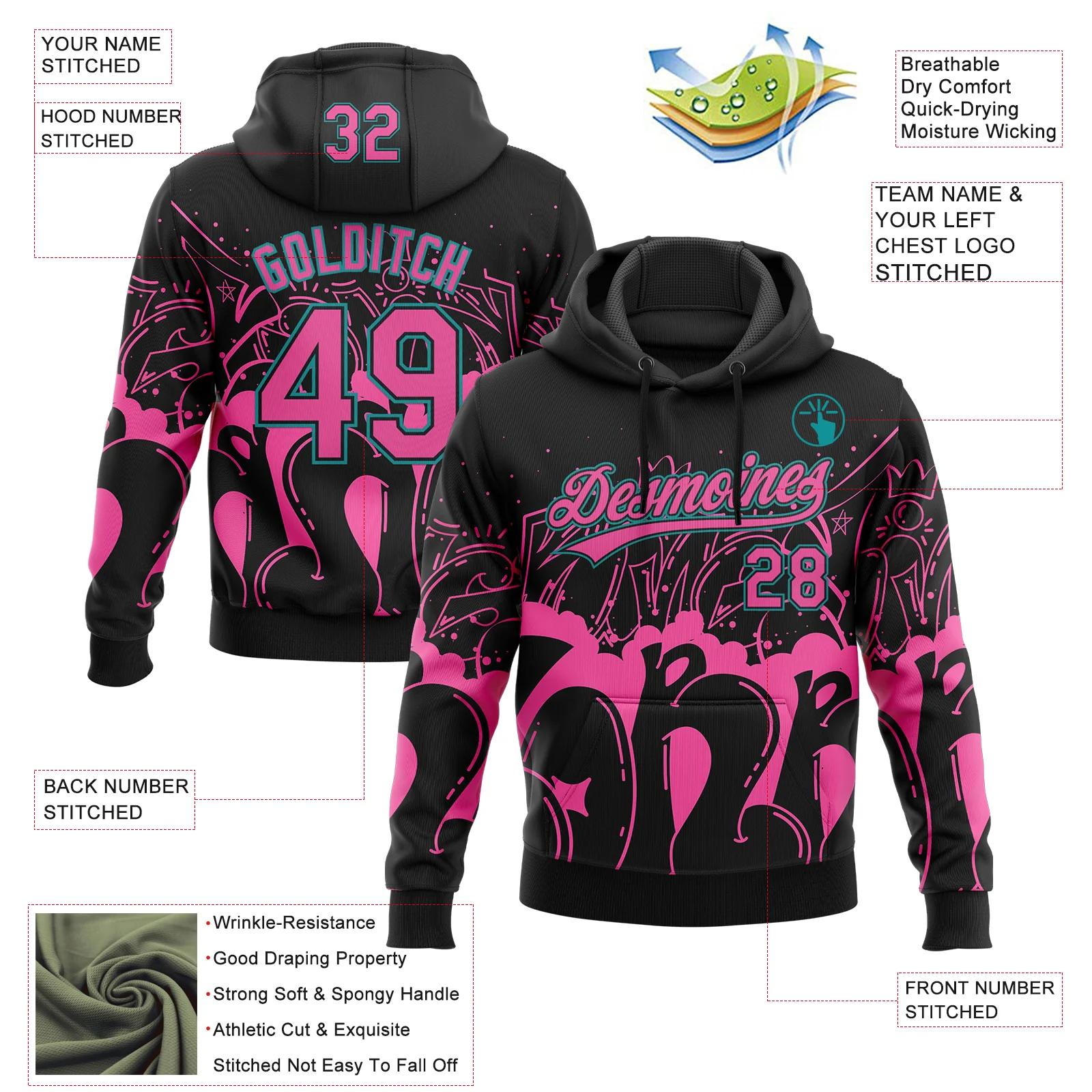 Custom Stitched Black Pink-Teal 3D Graffiti Splash Street Art Sports Pullover Sweatshirt Hoodie