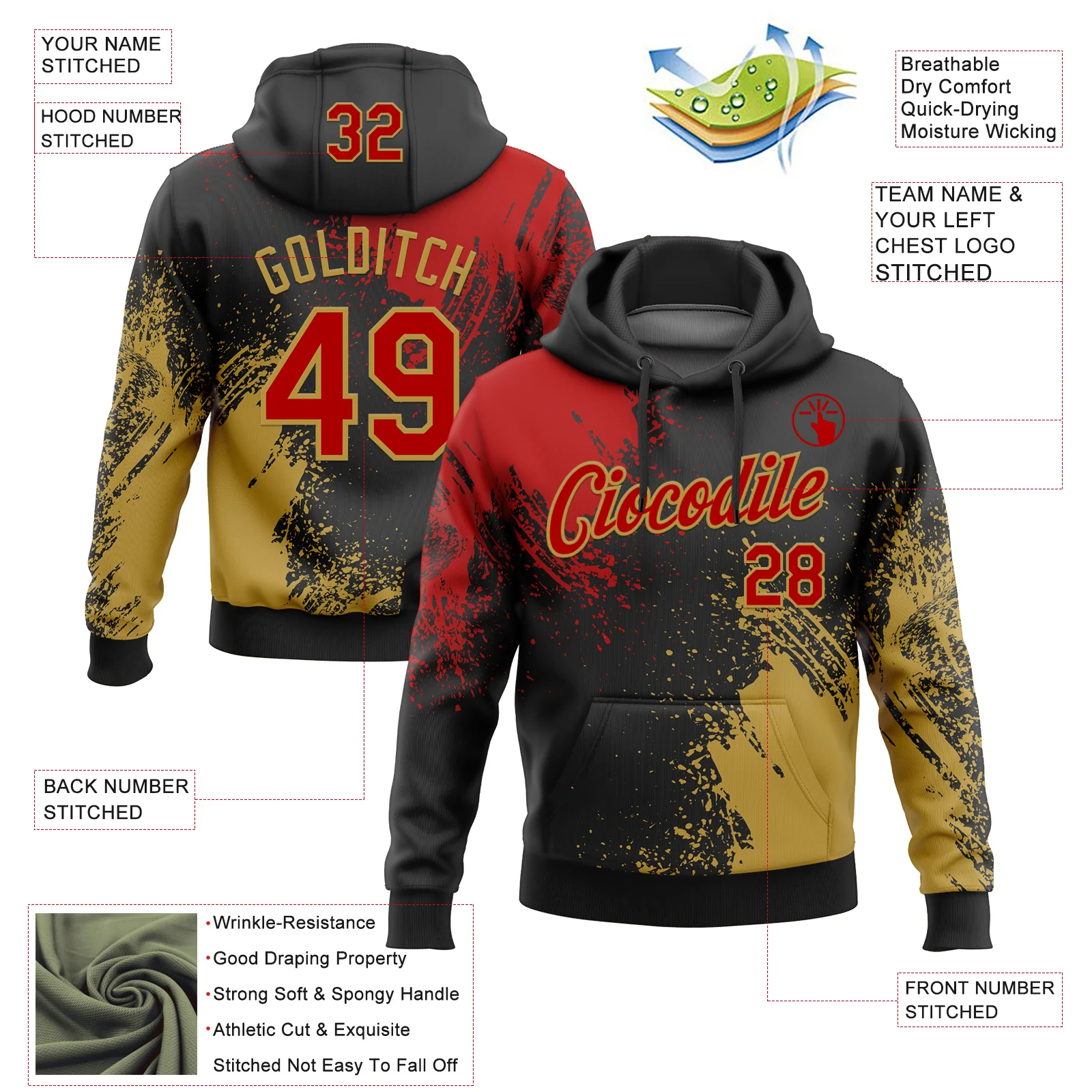 Custom Stitched Black Red-Old Gold 3D Pattern Design Abstract Brush Stroke Sports Pullover Sweatshirt Hoodie