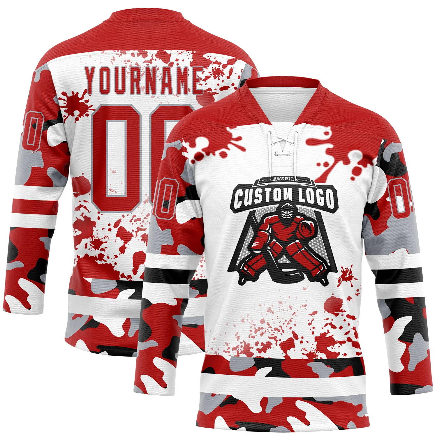 Custom Camo Red Black Gray-White Splash Hockey Lace Neck Jersey