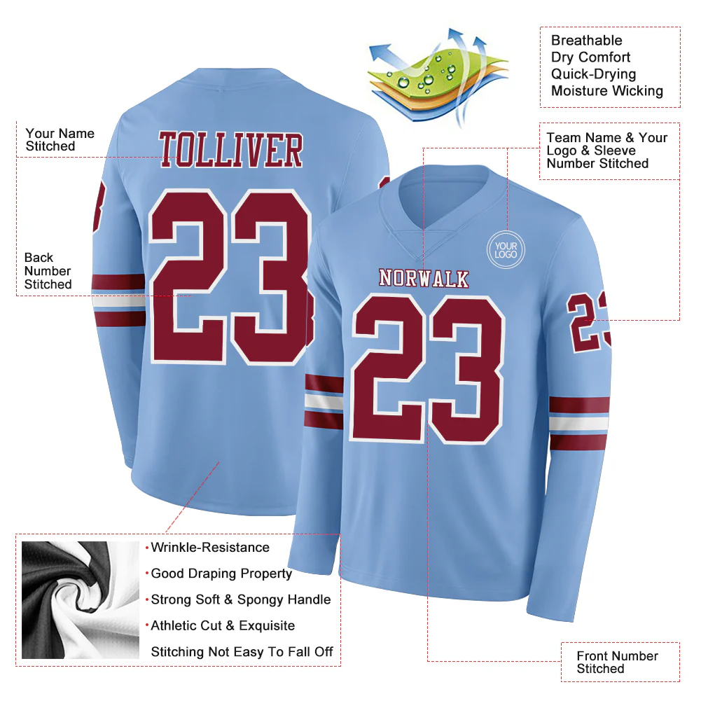 Custom Light Blue Crimson-White Long Sleeve Authentic Football Jersey