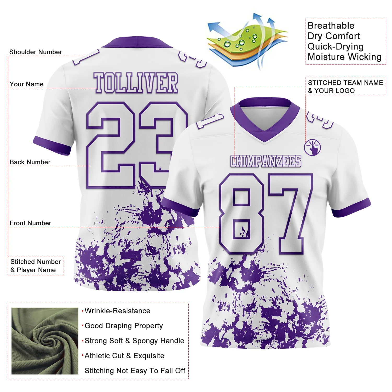 Custom White Purple 3D Pattern Splash Authentic Football Jersey