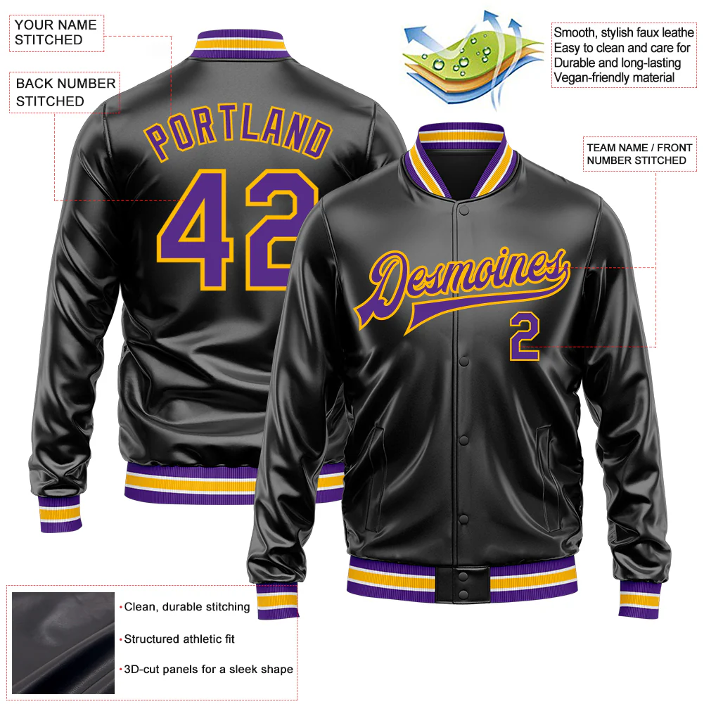 Custom Black Purple-Gold Bomber Full-Snap Varsity Faux Leather Letterman Jacket