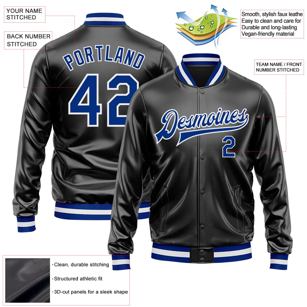 Custom Black Royal-White Bomber Full-Snap Varsity Faux Leather Letterman Jacket