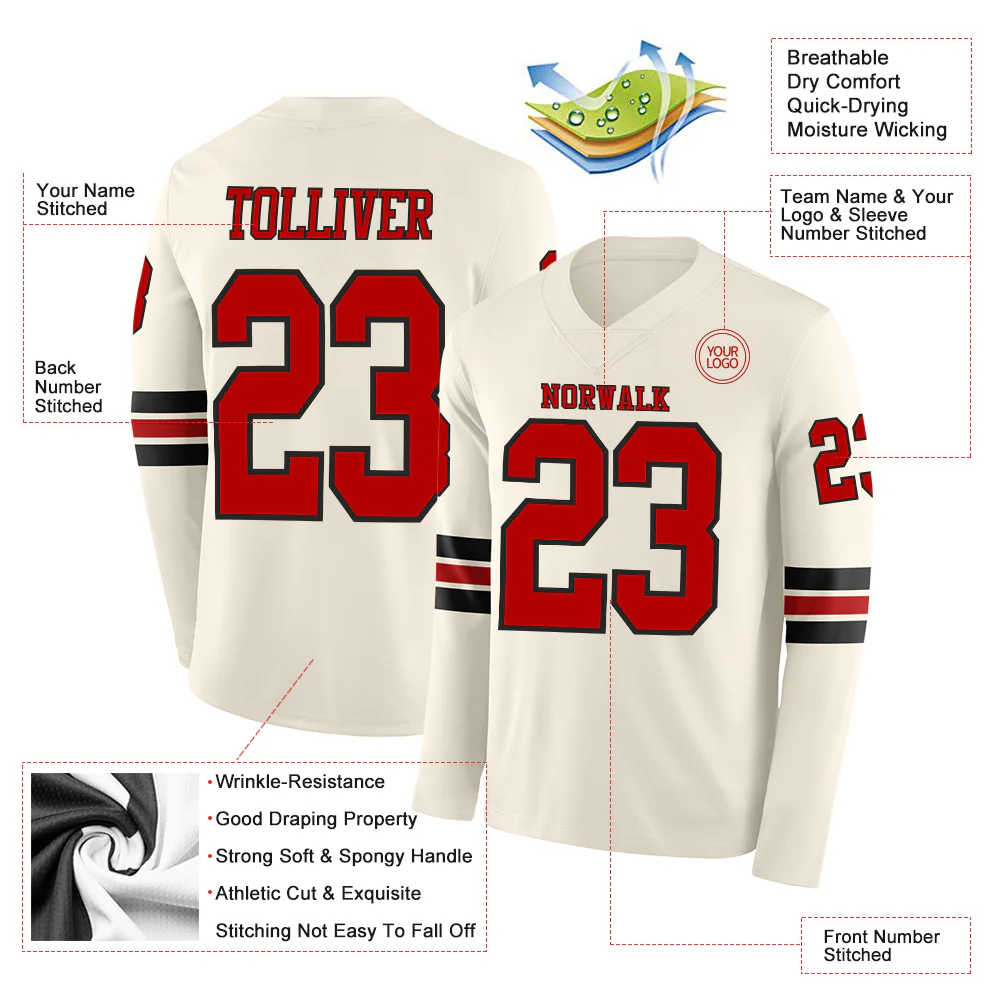 Custom Cream Red-Black Long Sleeve Authentic Football Jersey
