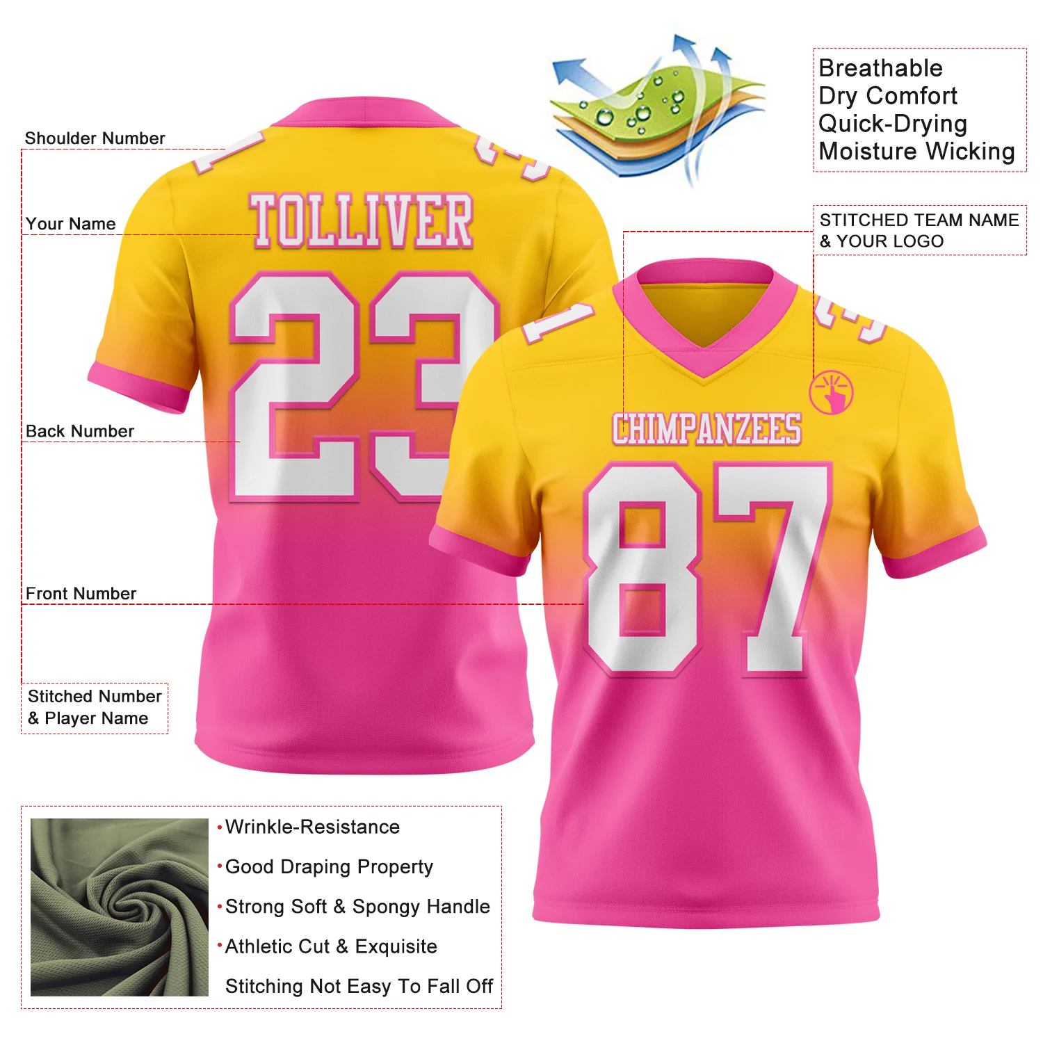 Custom Yellow White-Pink Authentic Fade Fashion Football Jersey