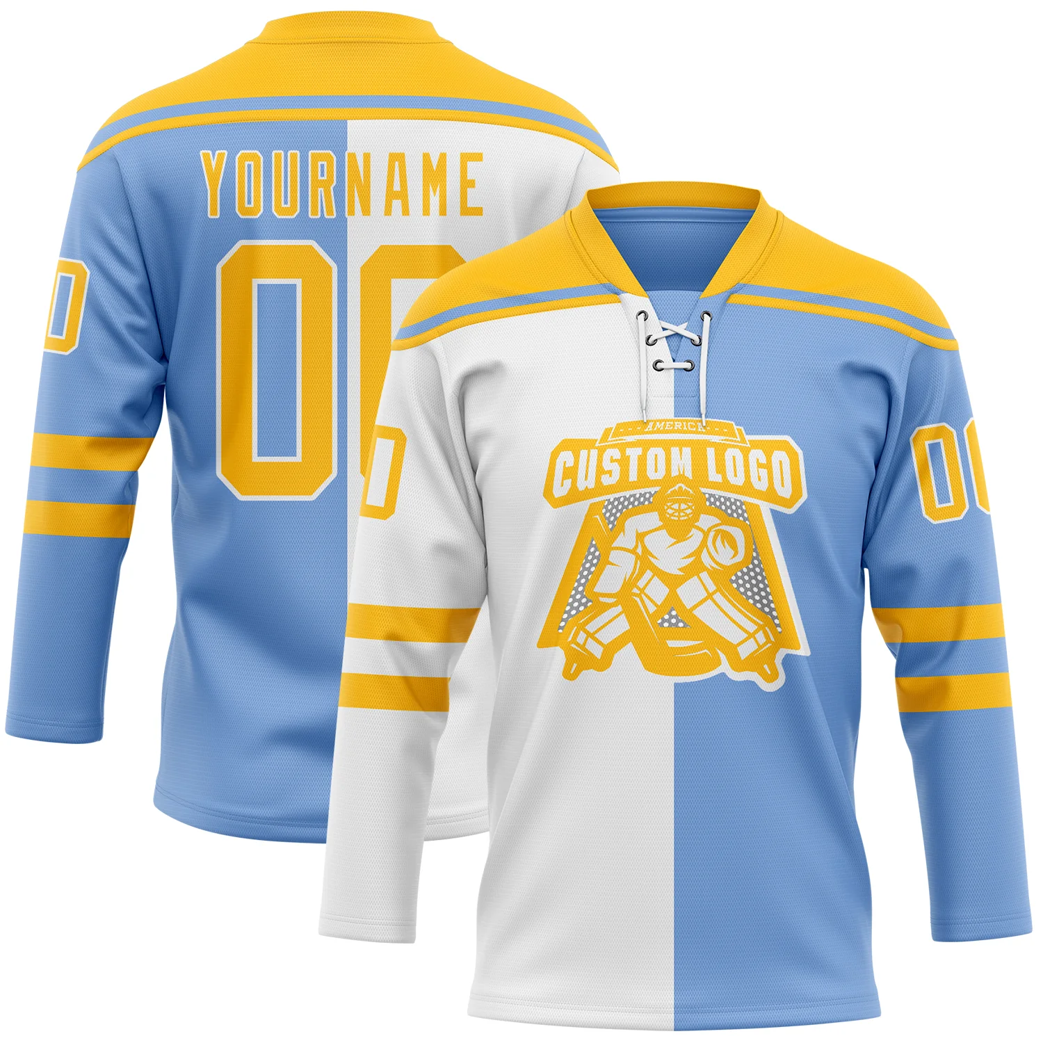 Custom Powder Blue Gold-White Split Fashion Hockey Lace Neck Jersey