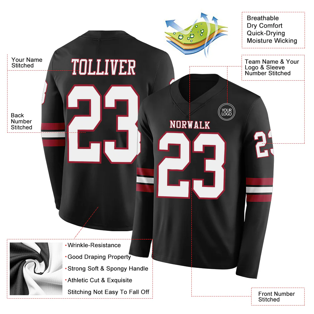 Custom Black White-Cardinal Long Sleeve Authentic Football Jersey