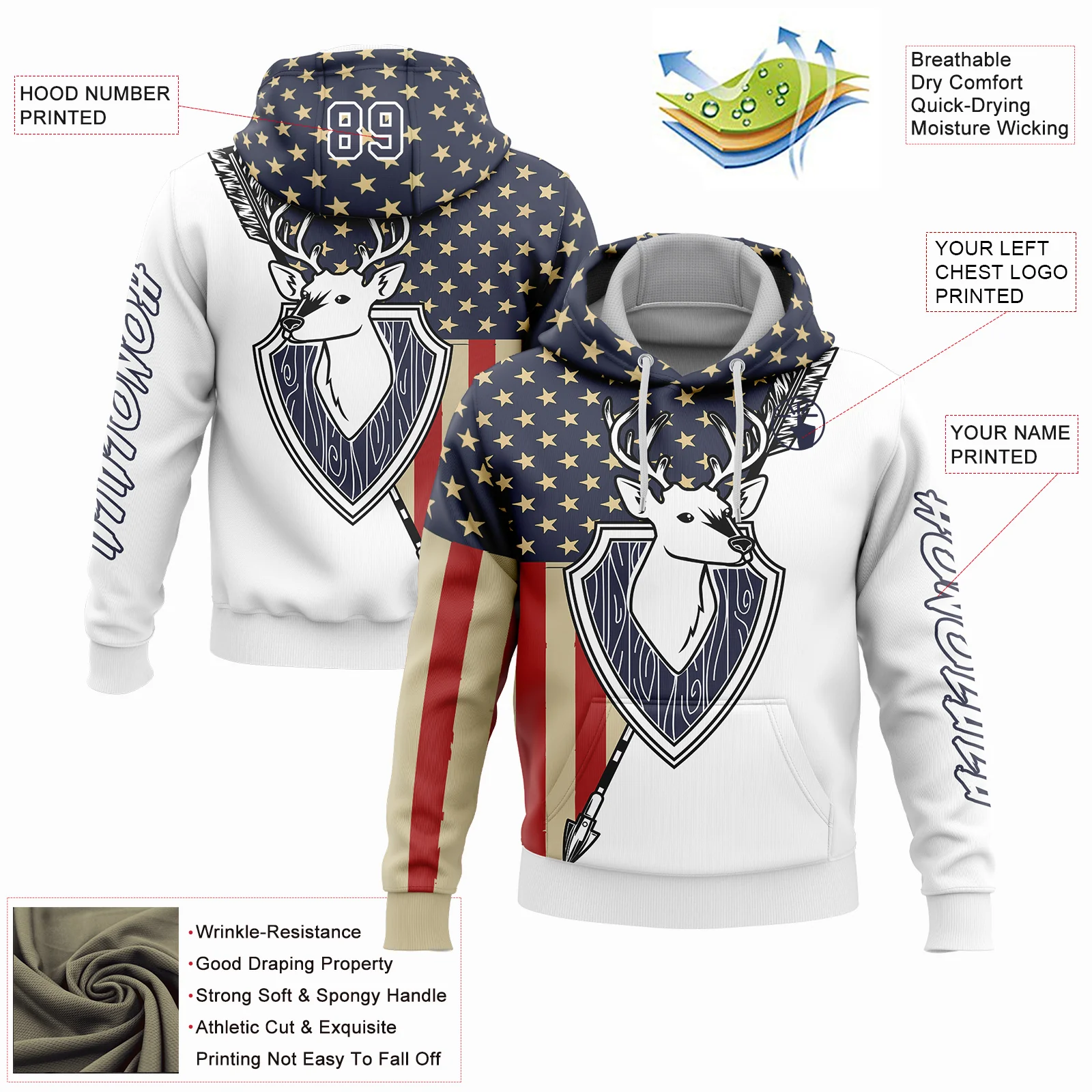 Custom White Navy 3D American Flag And Deer Hunting Sports Pullover Sweatshirt Hoodie