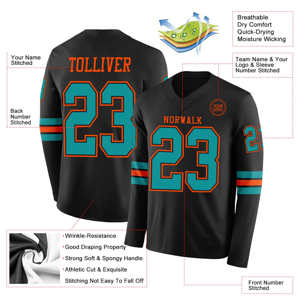 Custom Black Teal-Orange Long Sleeve Authentic Football Jersey